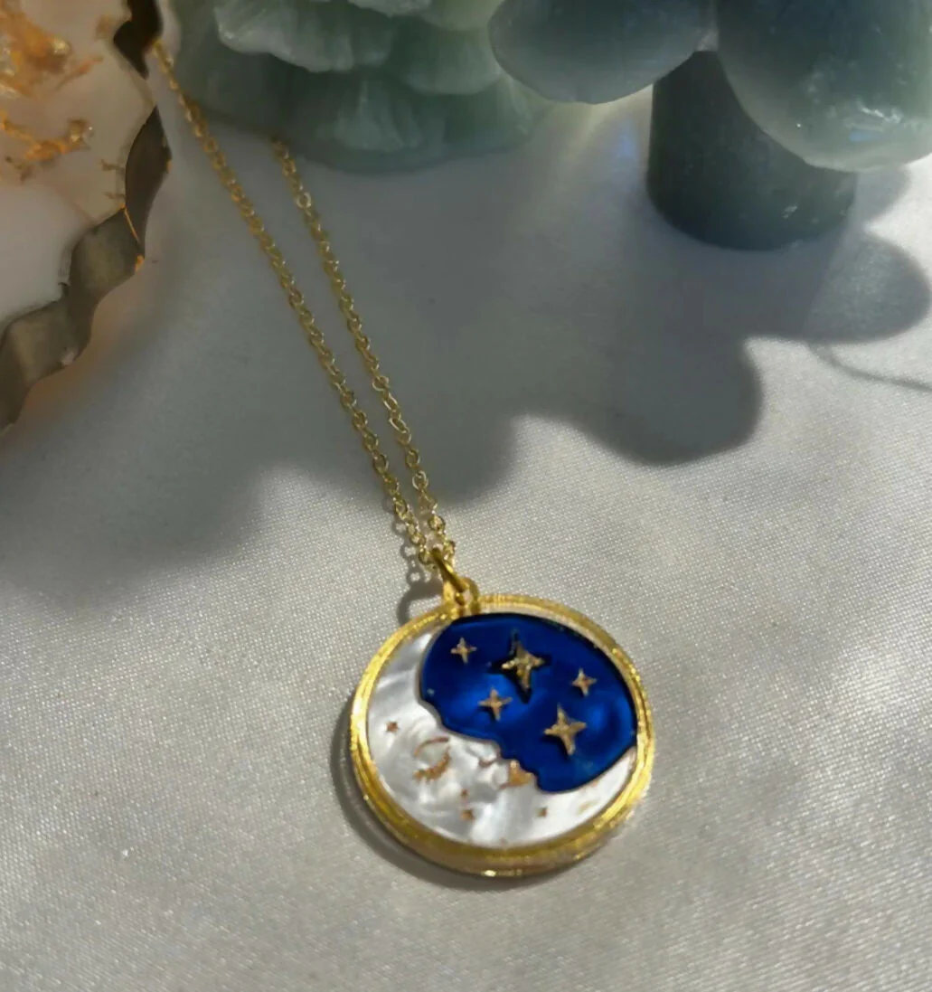 Celestial, Christmas Crescent Moon and Starry Sky Disc Pendant - Image 2
