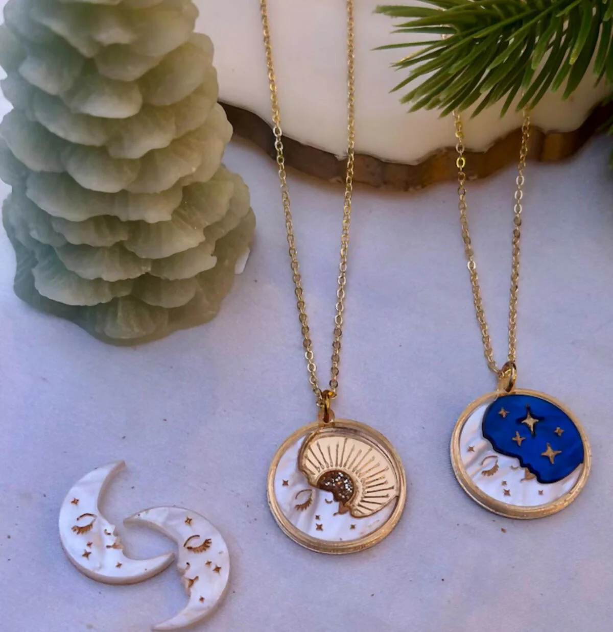 Celestial, Christmas Crescent Moon and Starry Sky Disc Pendant - Image 4