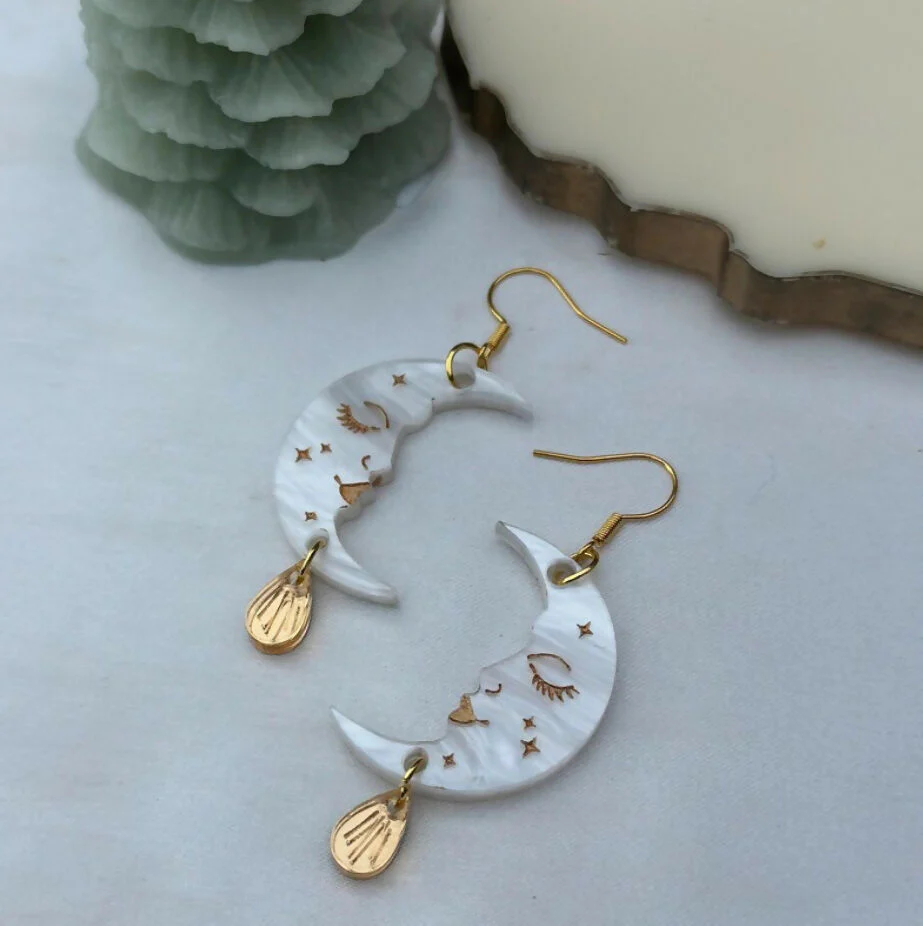 Celestial Crescent Moon Face Earrings with Gold Drop - Image 2