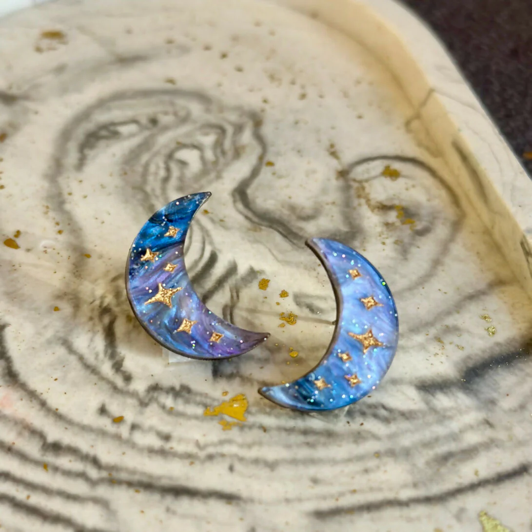 Celestial Star Engraved Marble Moon Studs - Image 2
