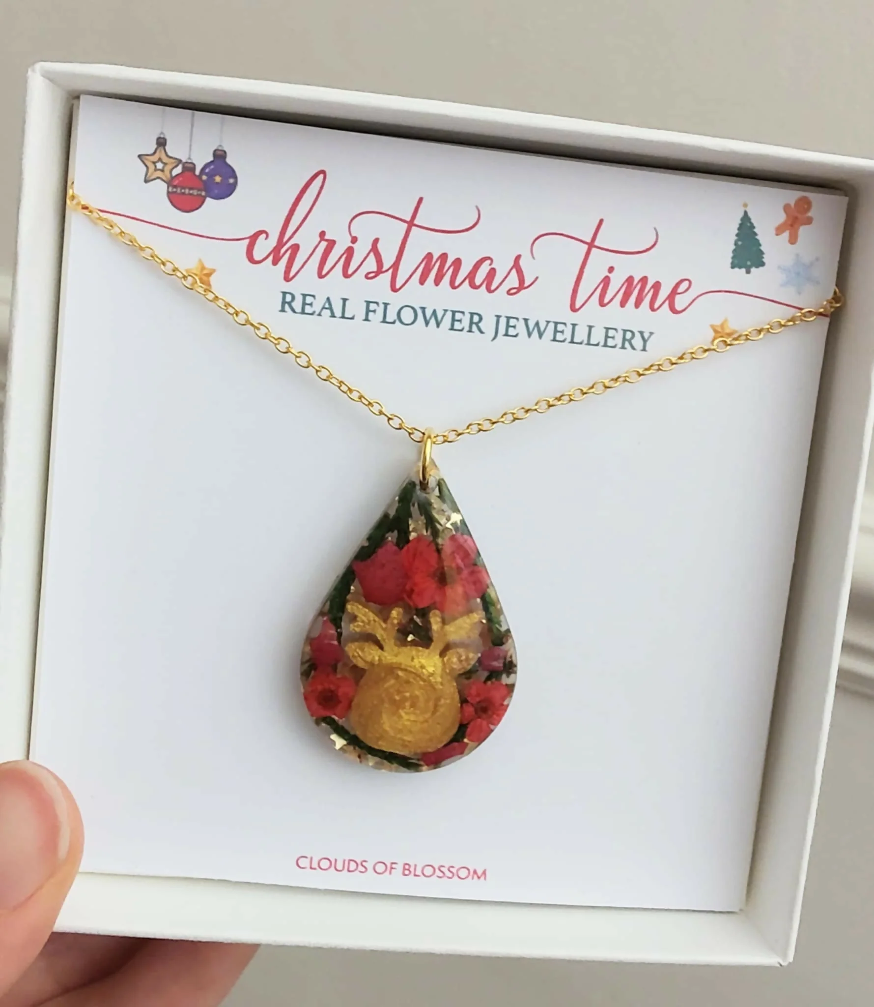 Christmas Real Flower Reindeer Necklace Gold Plated