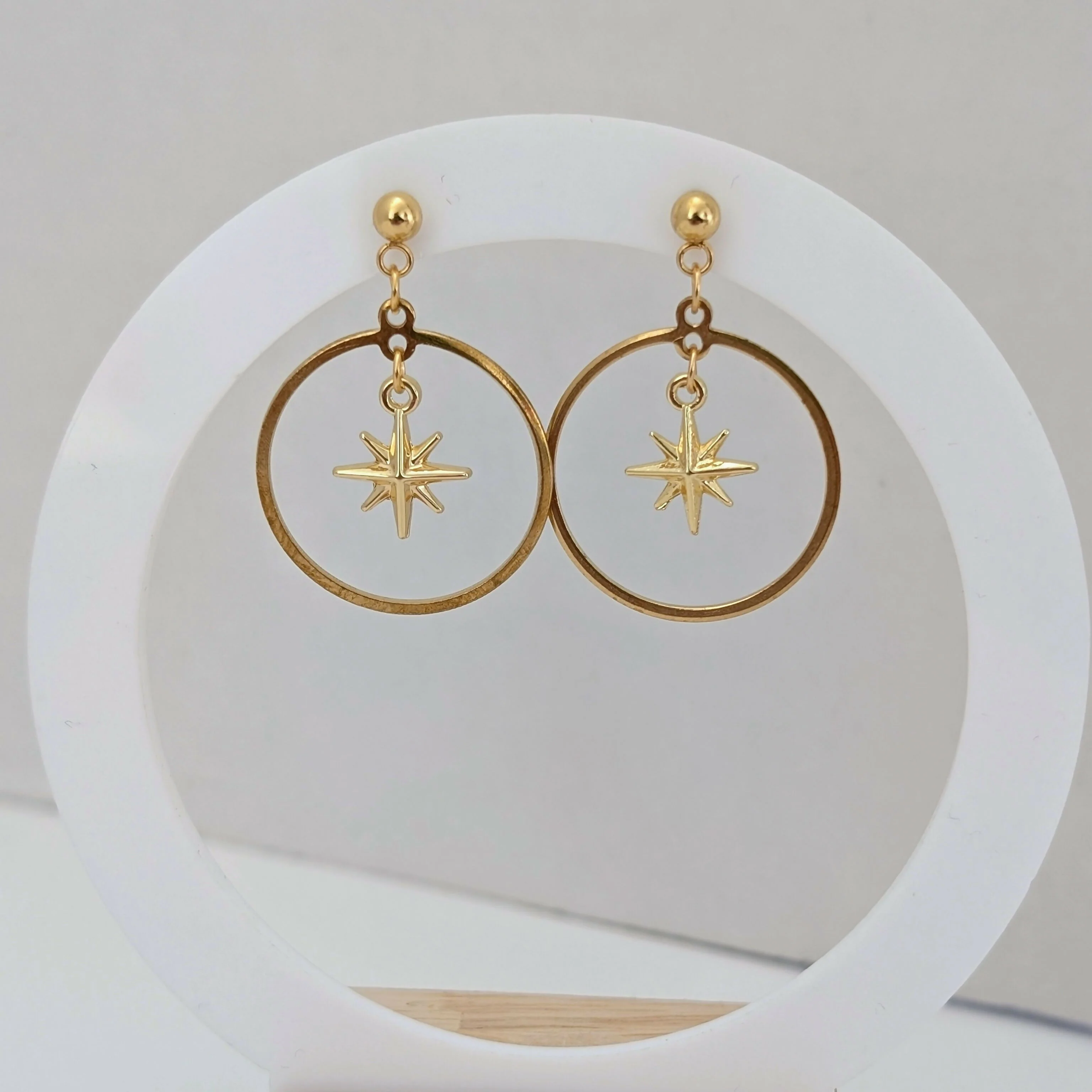 Chunky 3D Gold Star Circle Earrings on Gold Plated Stud - Image 3