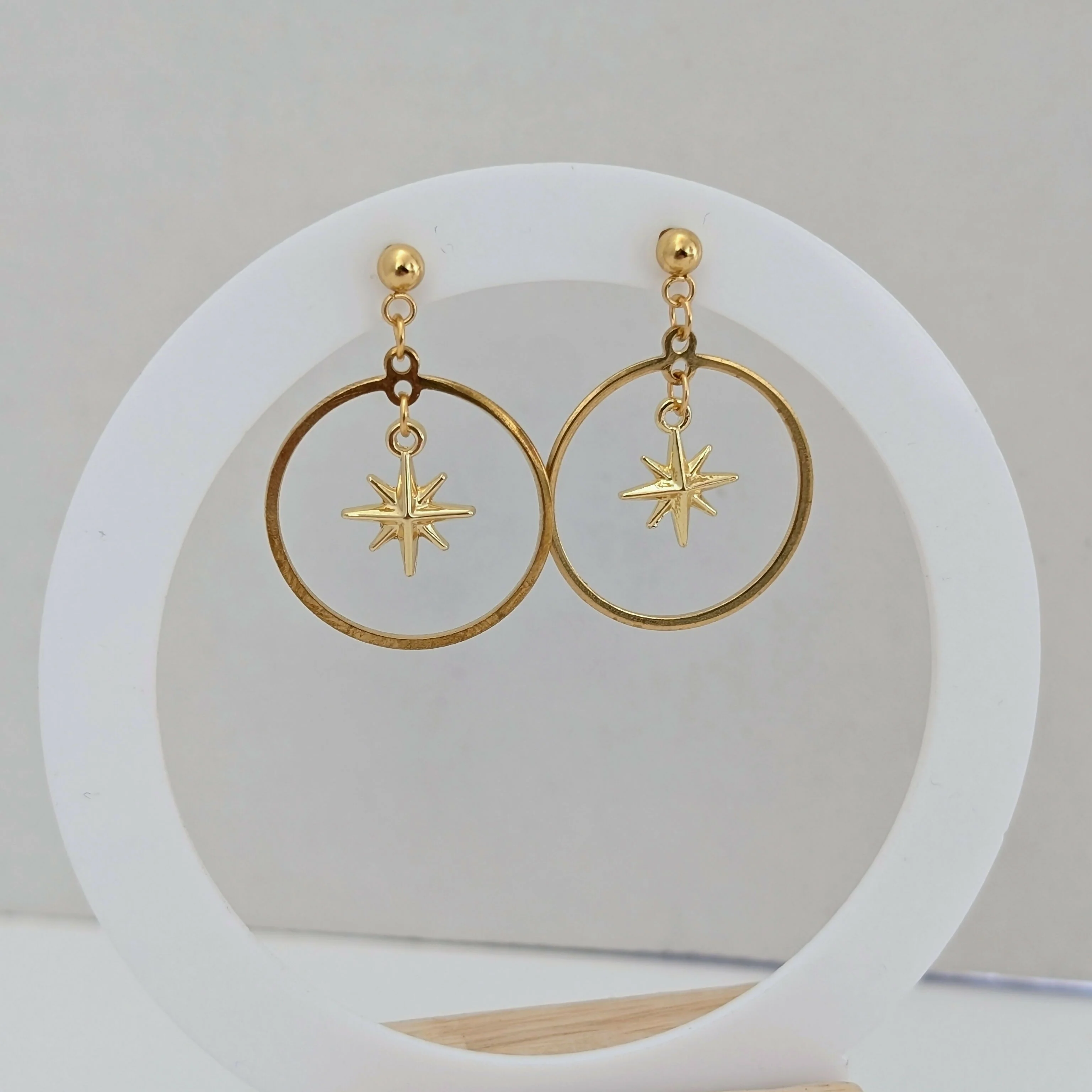 Chunky 3D Gold Star Circle Earrings on Gold Plated Stud - Image 4