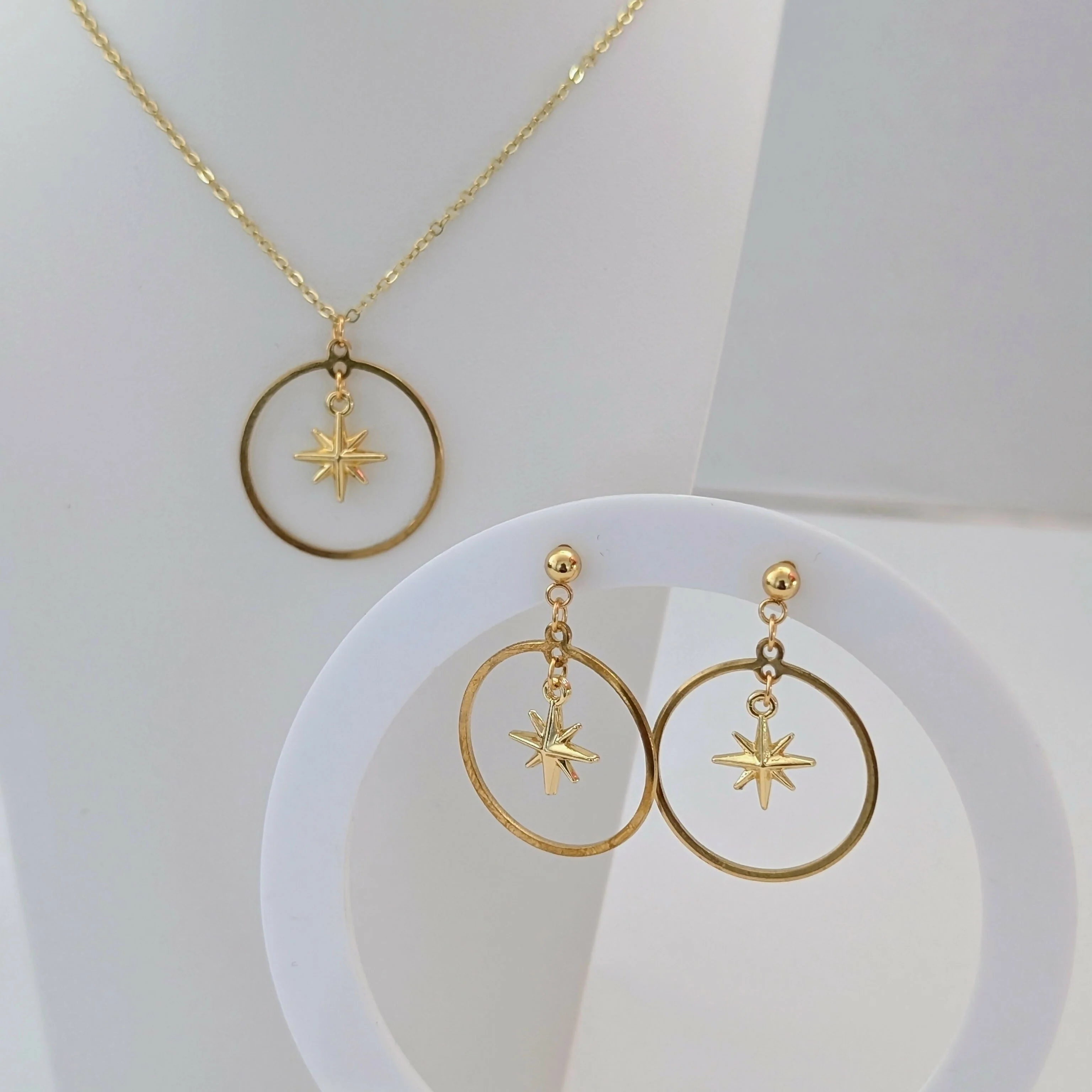 Chunky 3D Gold Star Circle Earrings on Gold Plated Stud - Image 7