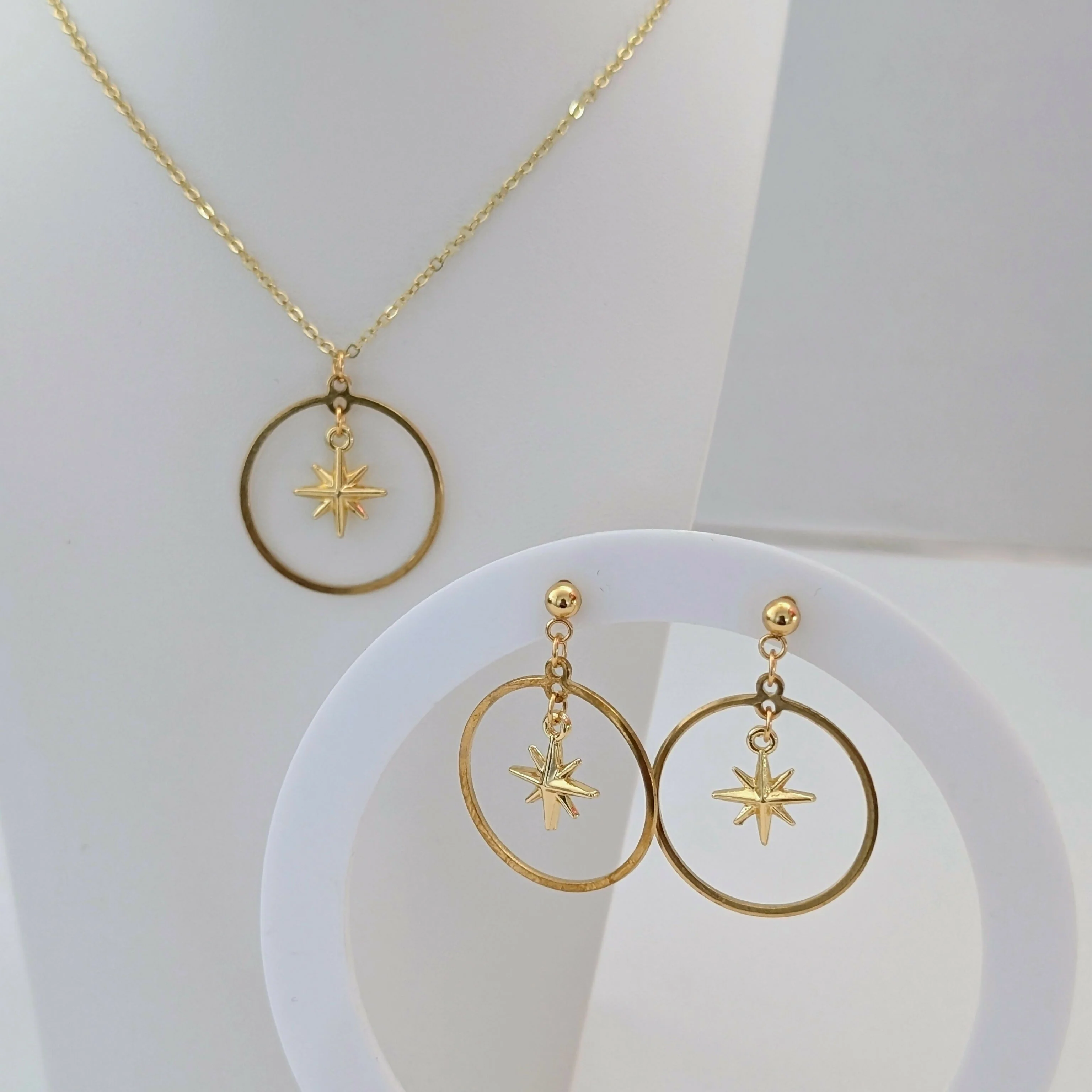 Chunky 3D Gold Star Circle Earrings on Gold Plated Stud - Image 8