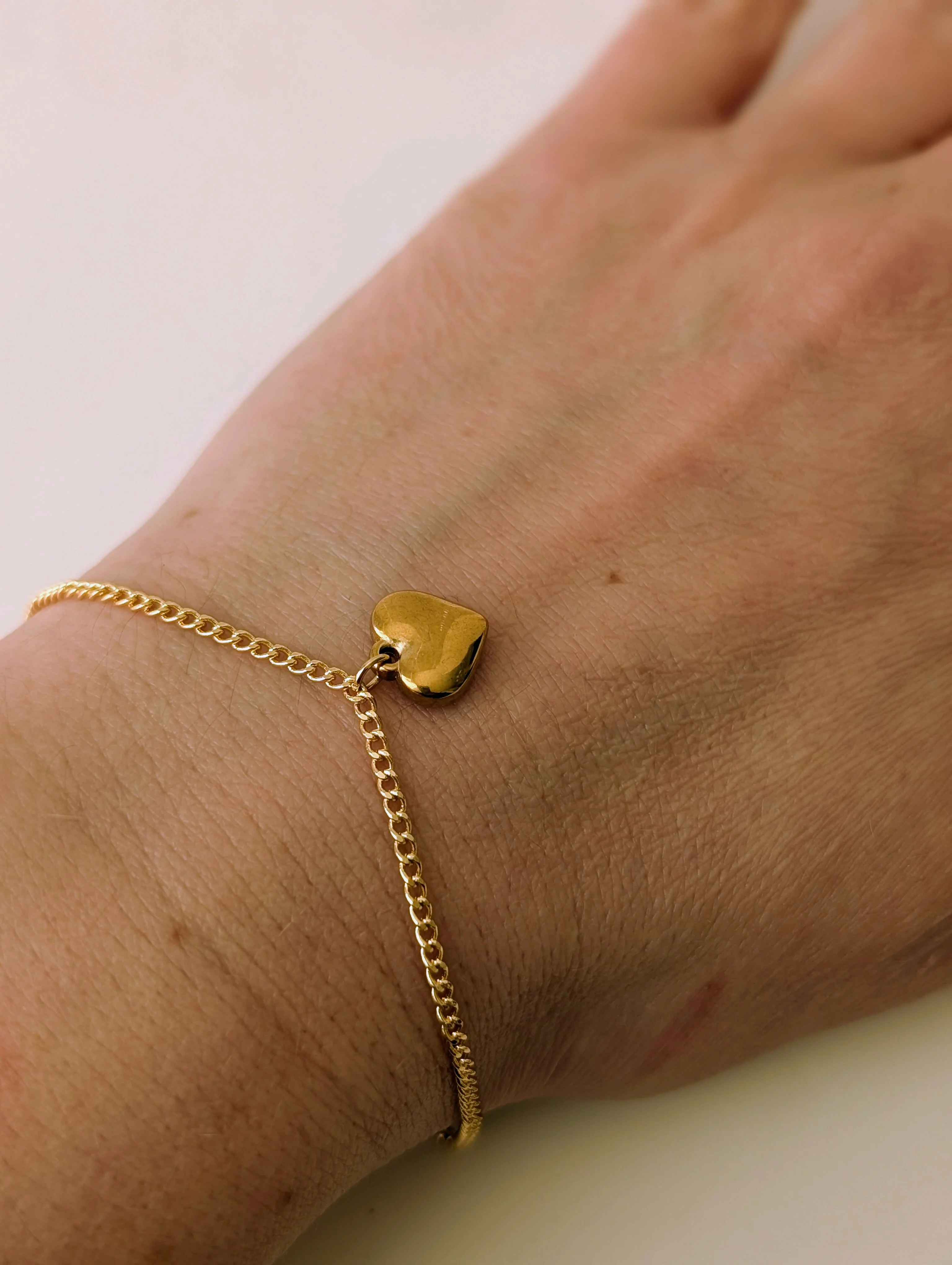 Chunky Gold 3D Heart Charm Bracelet on a Flat Gold Plated Chain