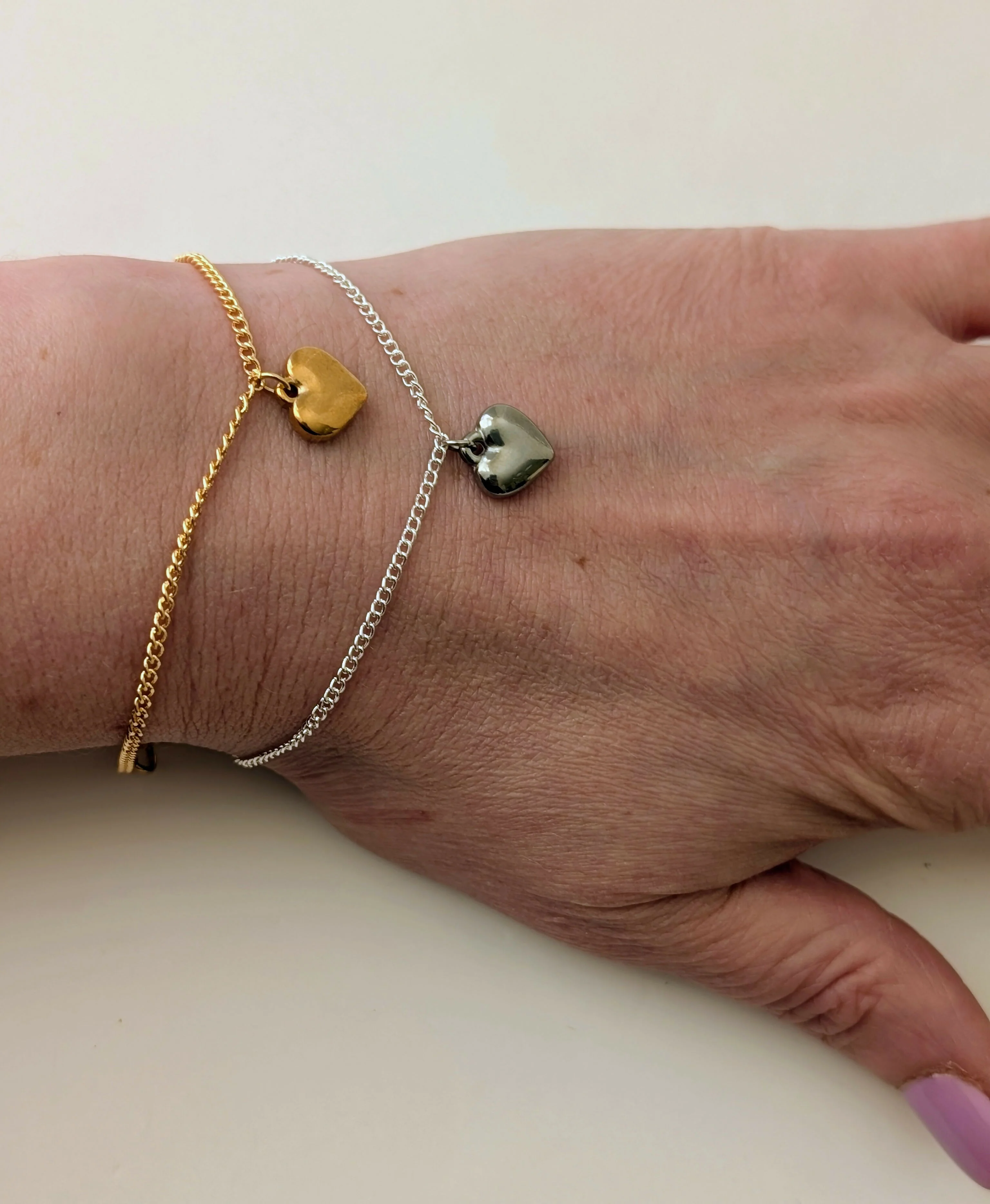 Chunky Gold 3D Heart Charm Bracelet on a Flat Gold Plated Chain - Image 4