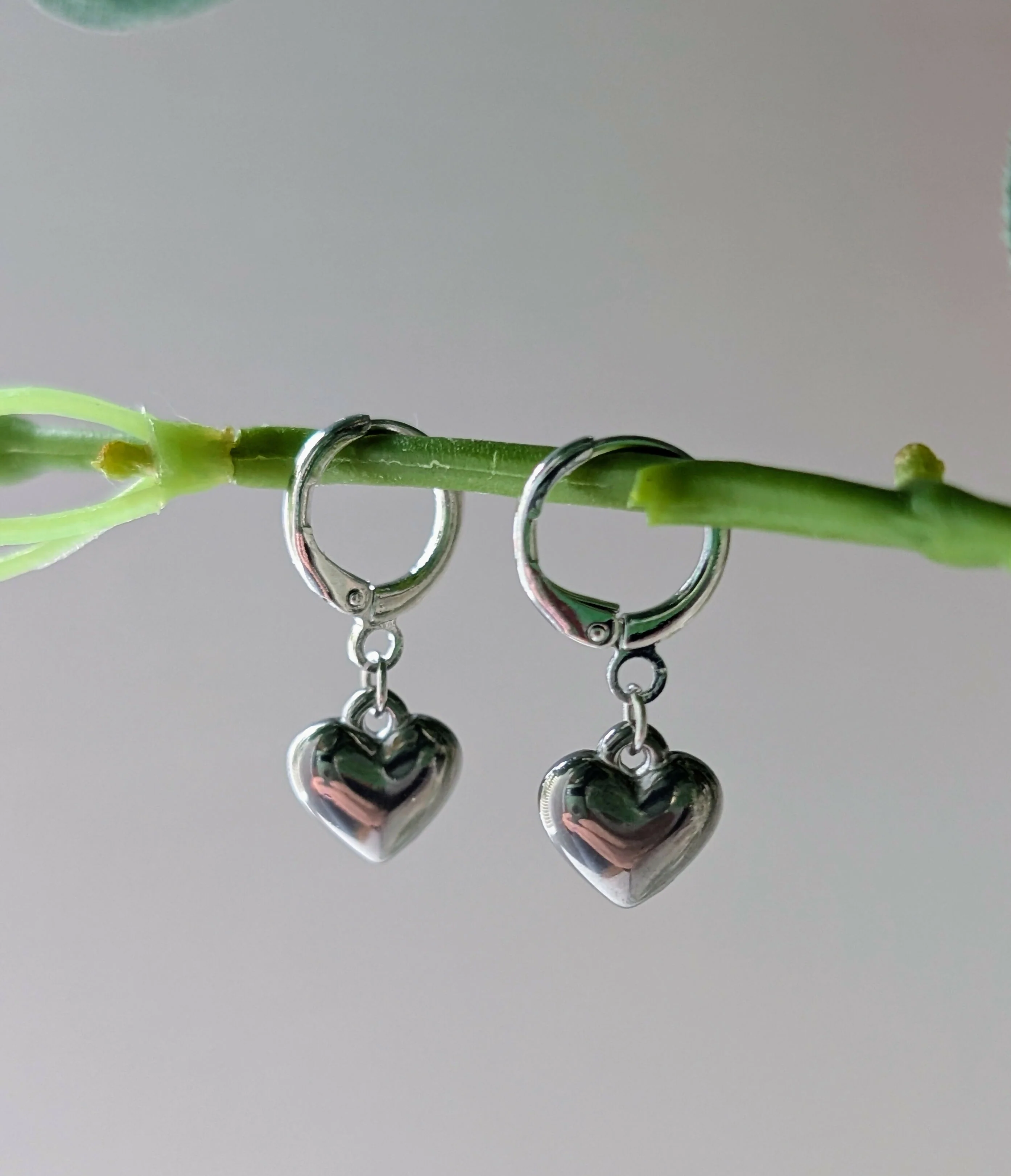 Chunky Silver 3D Heart Charm Huggie Earrings