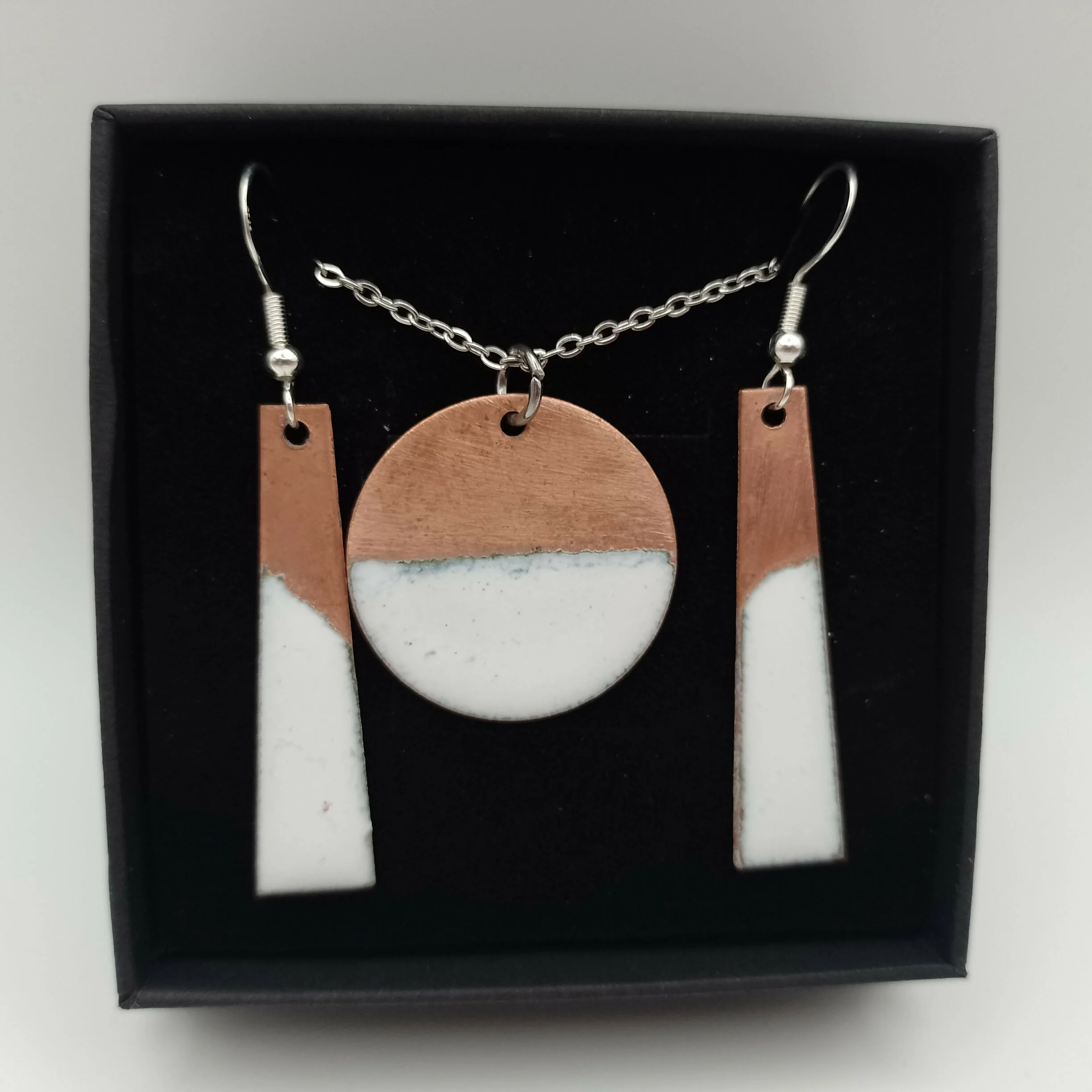 Circle Half Copper Half White Enamel Pendant and Earring Set