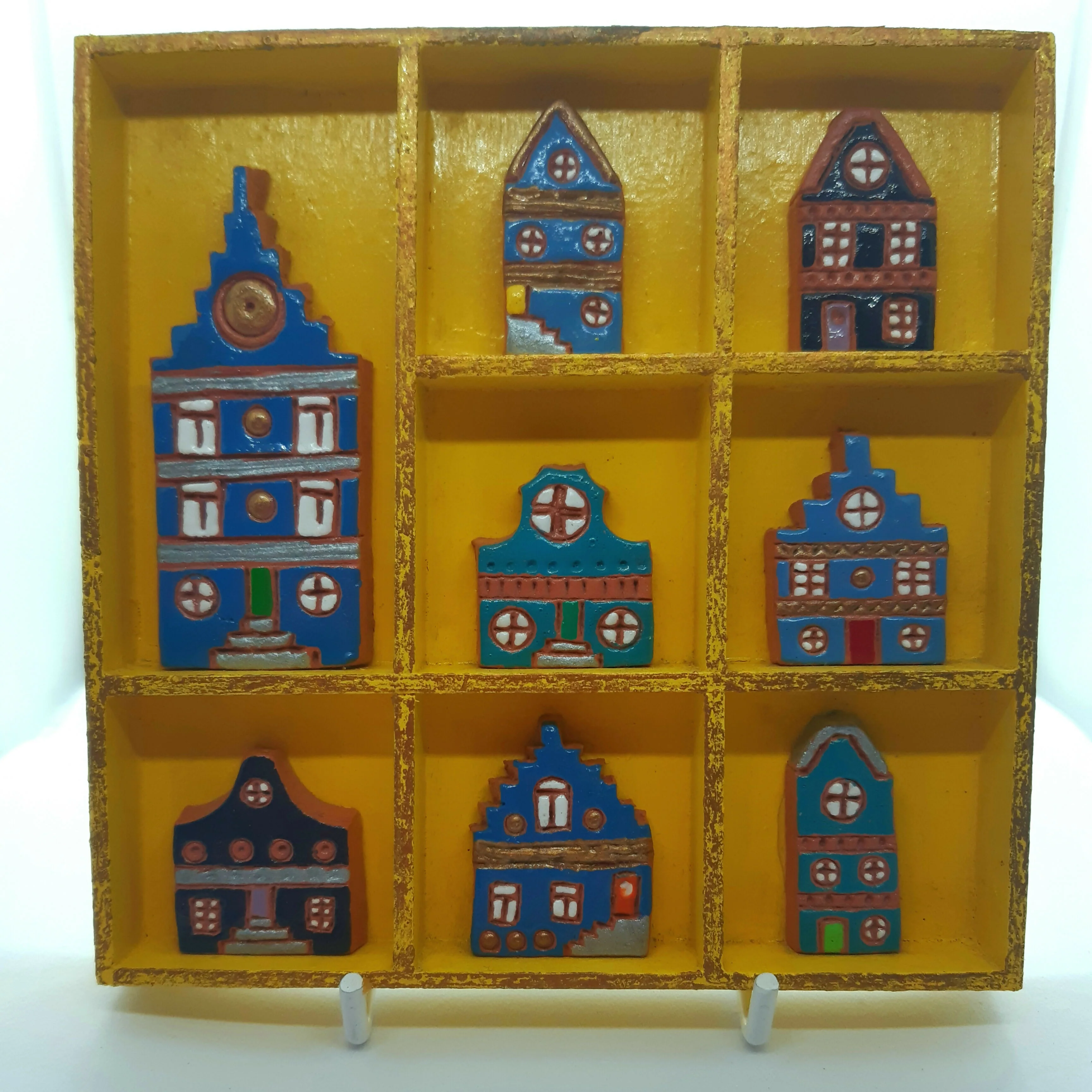Clay Blue Painted Dutch Houses in Wooden Yellow Trinket Tray - Image 4