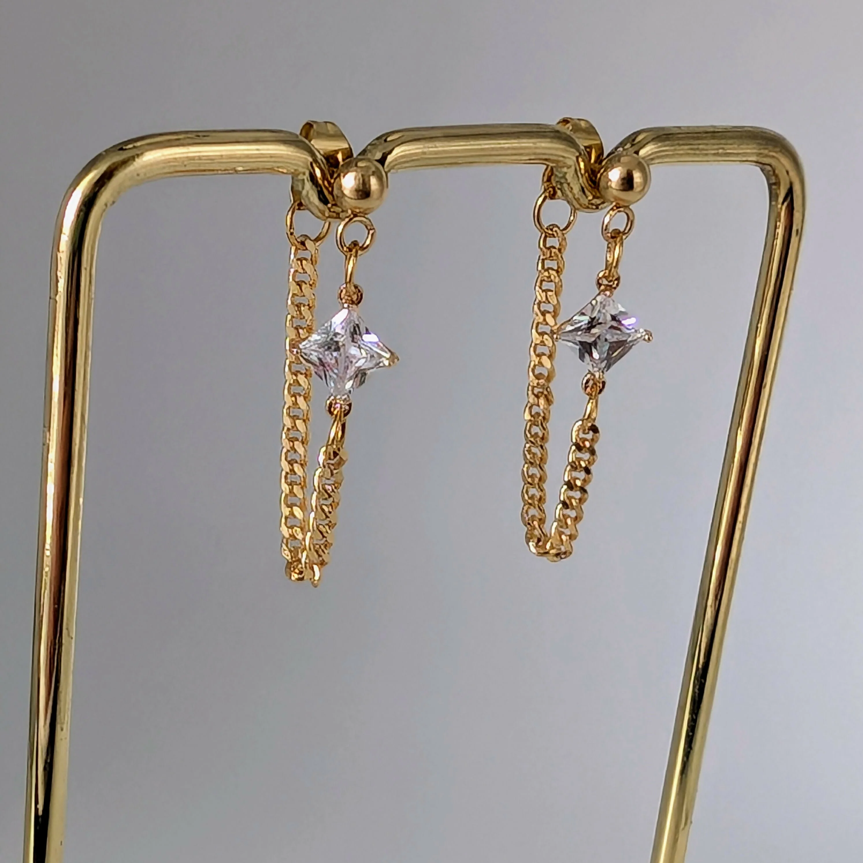 Clear Crystal Zirconia Chain Earrrings on Gold Plated Ball Stud - Image 2