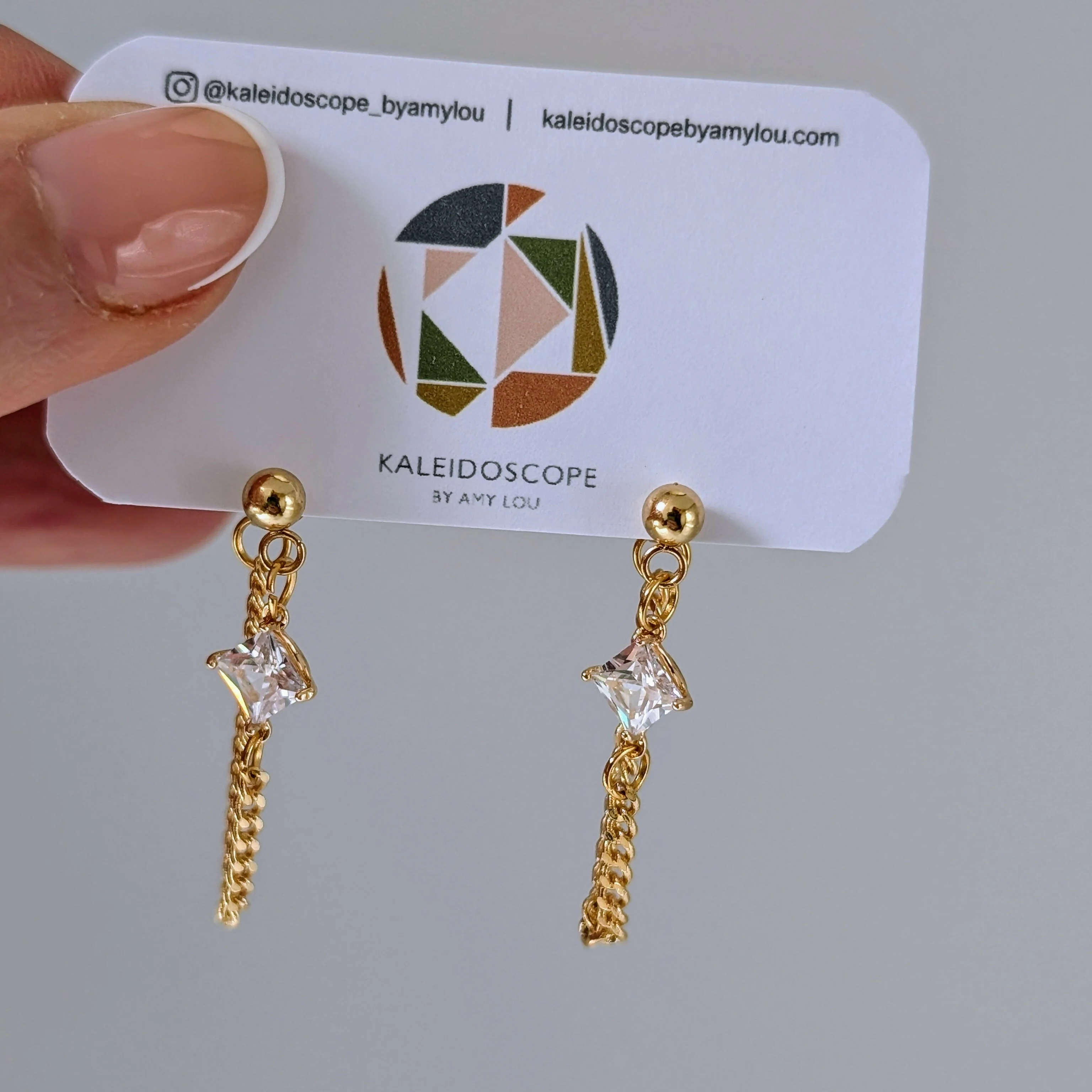 Clear Crystal Zirconia Chain Earrrings on Gold Plated Ball Stud - Image 3