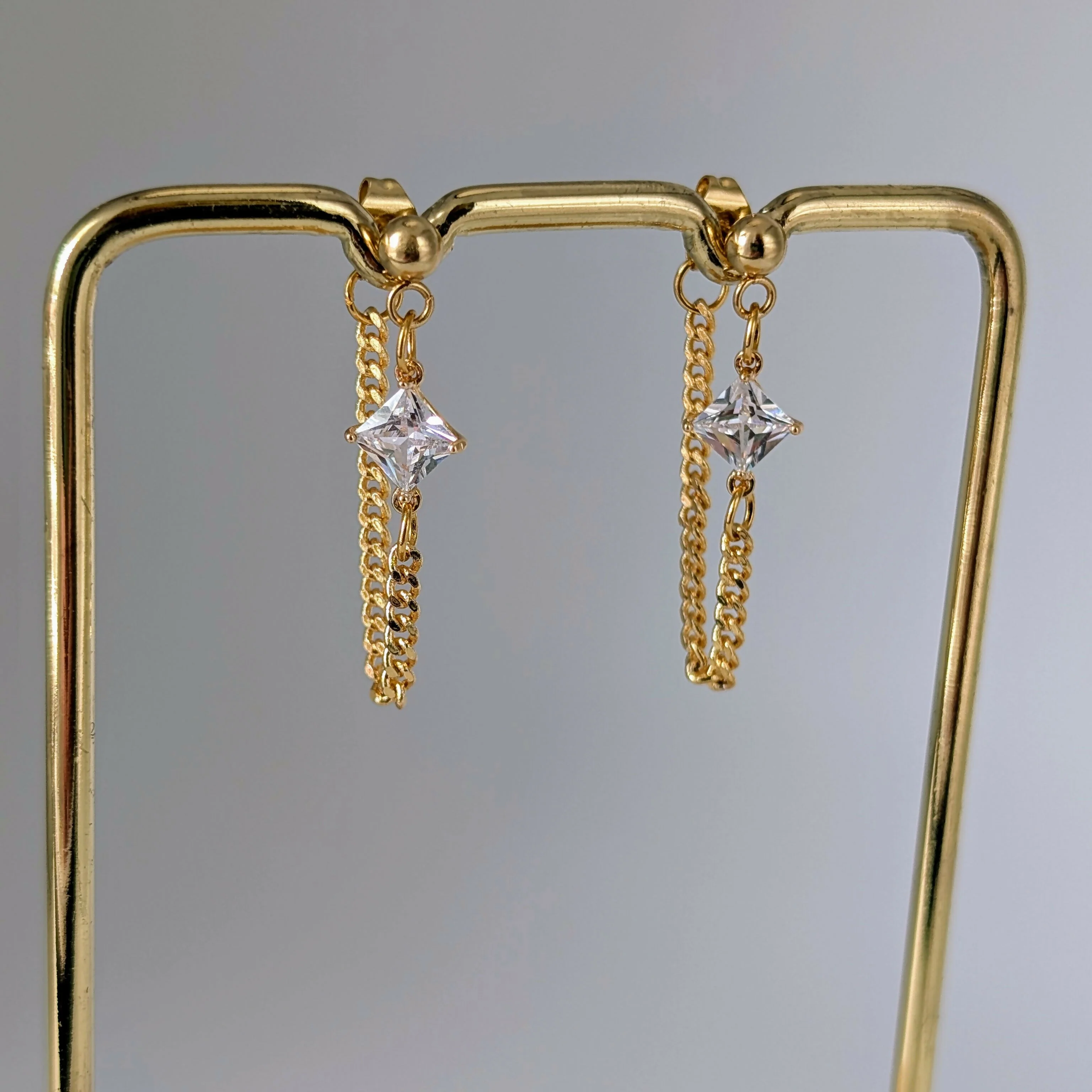 Clear Crystal Zirconia Chain Earrrings on Gold Plated Ball Stud - Image 4