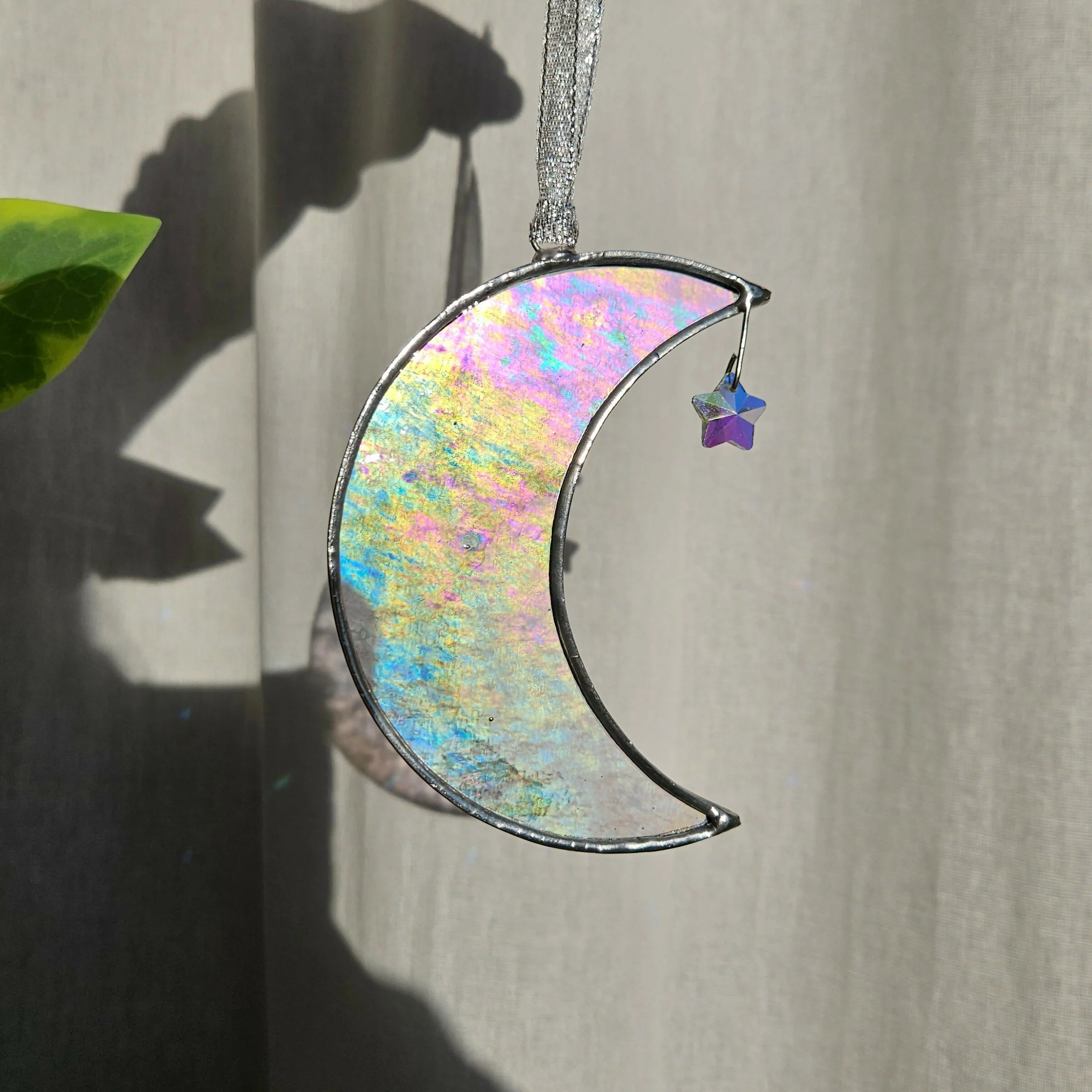 Clear Iridescent Crescent Moon Stained Glass Suncatcher