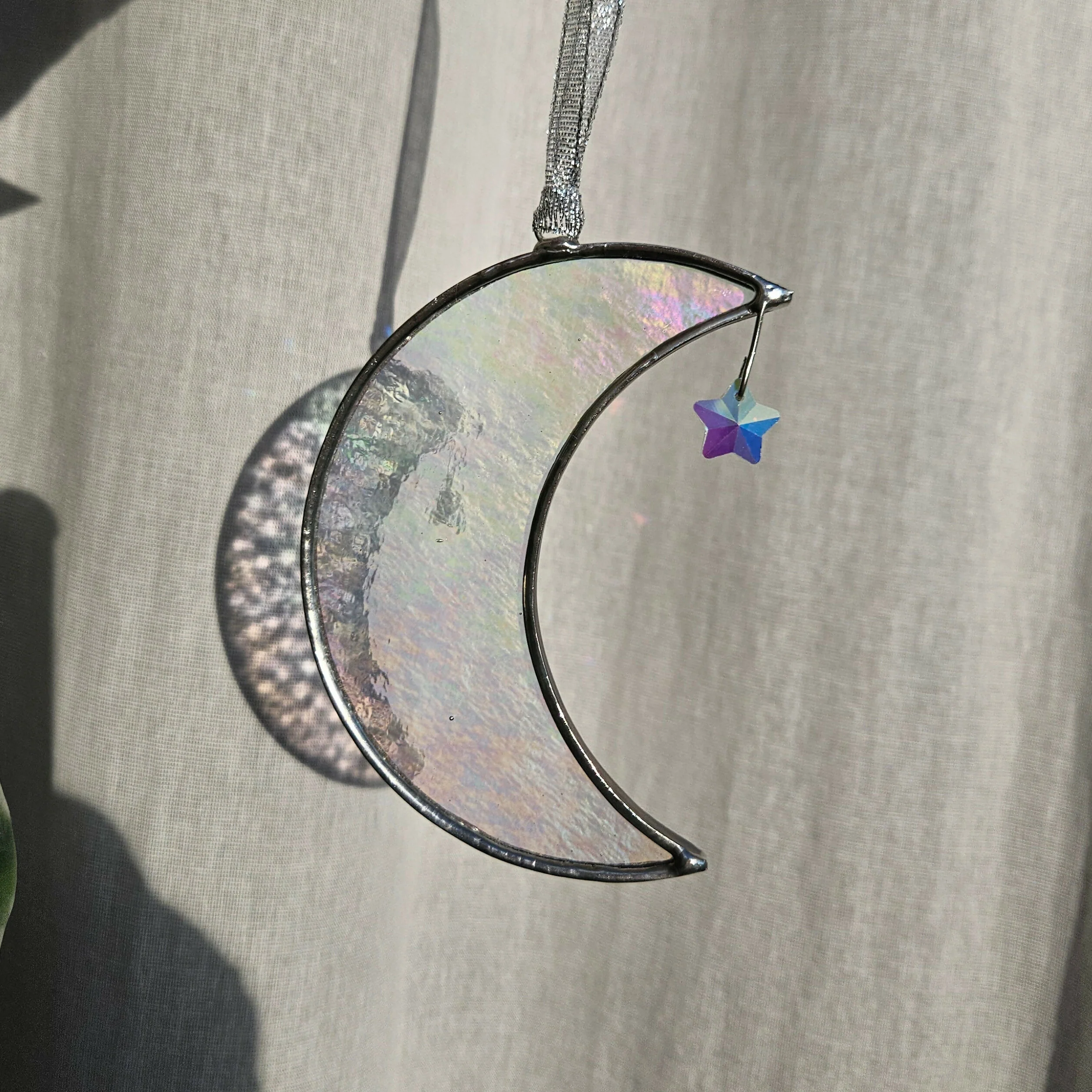 Clear Iridescent Crescent Moon Stained Glass Suncatcher - Image 2