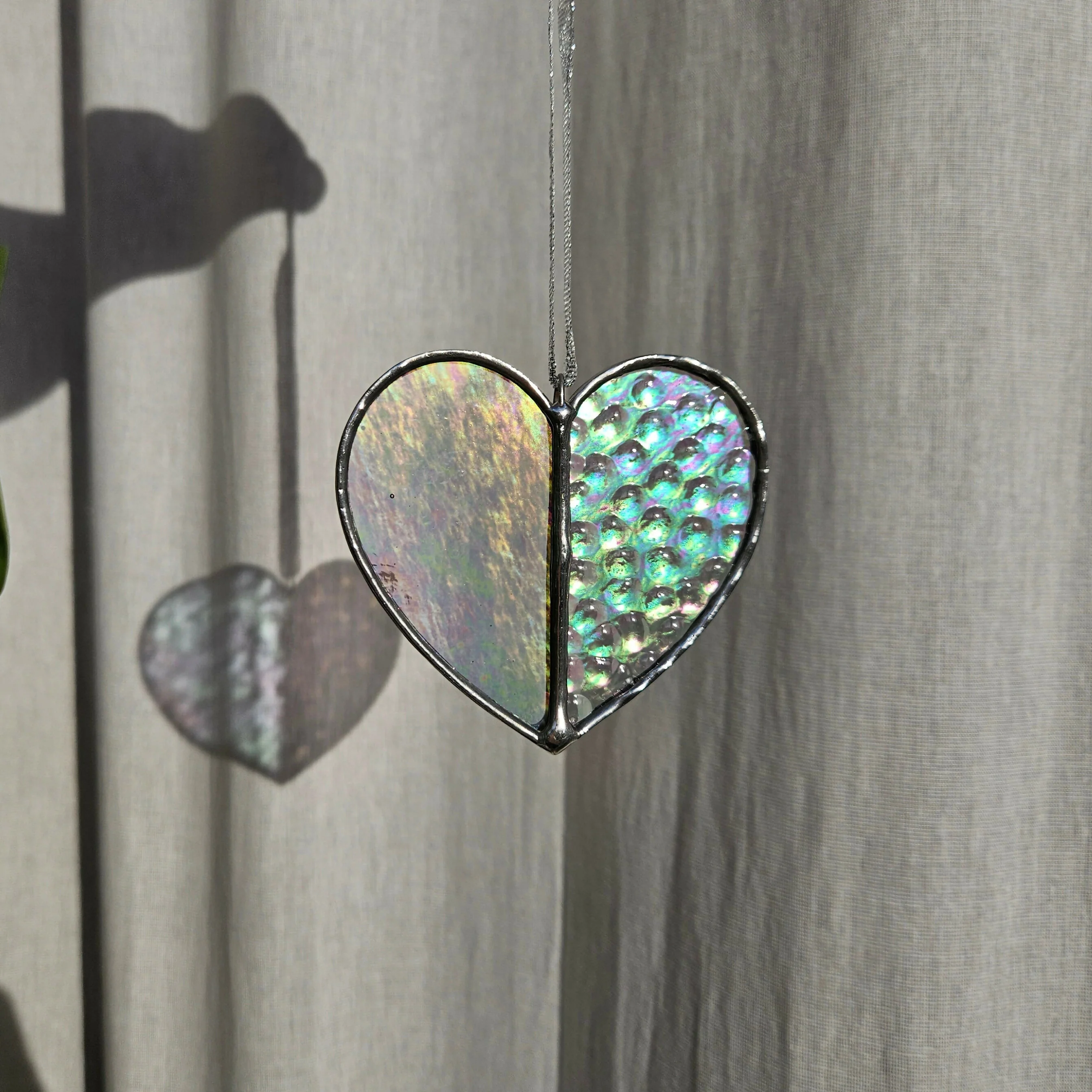 Clear Iridescent Hammered Stained Glass Heart Suncatcher - Image 2