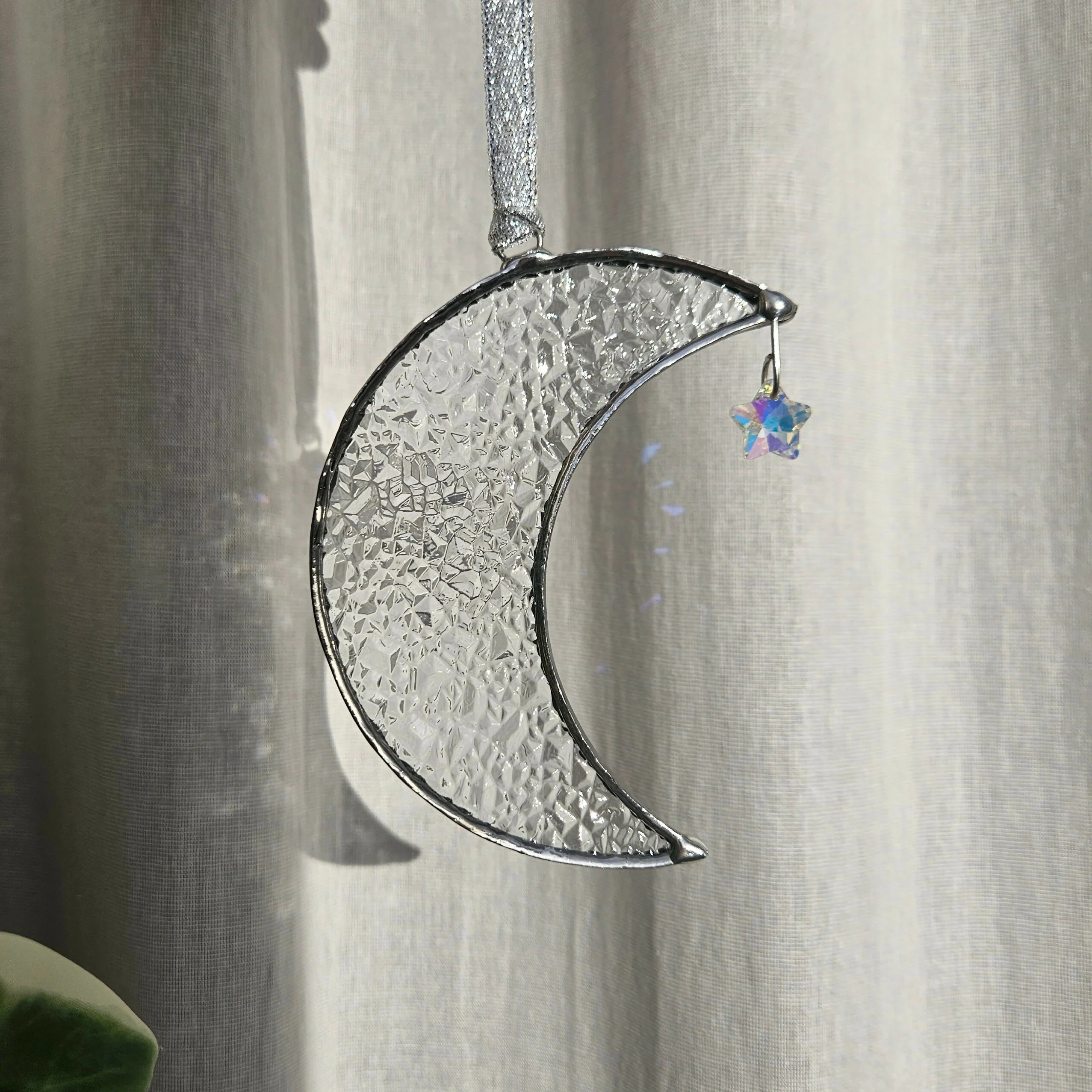 Clear Textured Crescent Moon Stained Glass Suncatcher