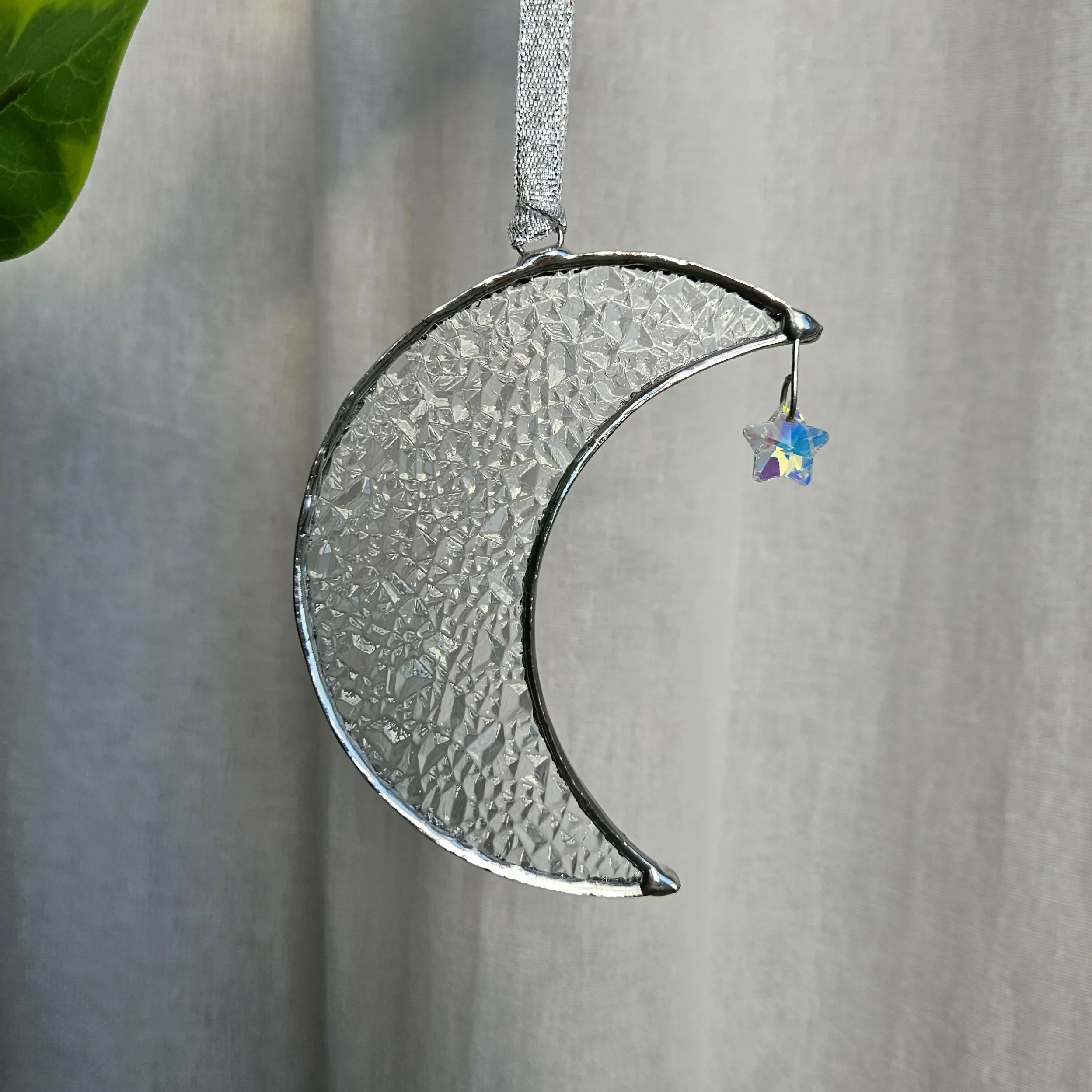 Clear Textured Crescent Moon Stained Glass Suncatcher - Image 2