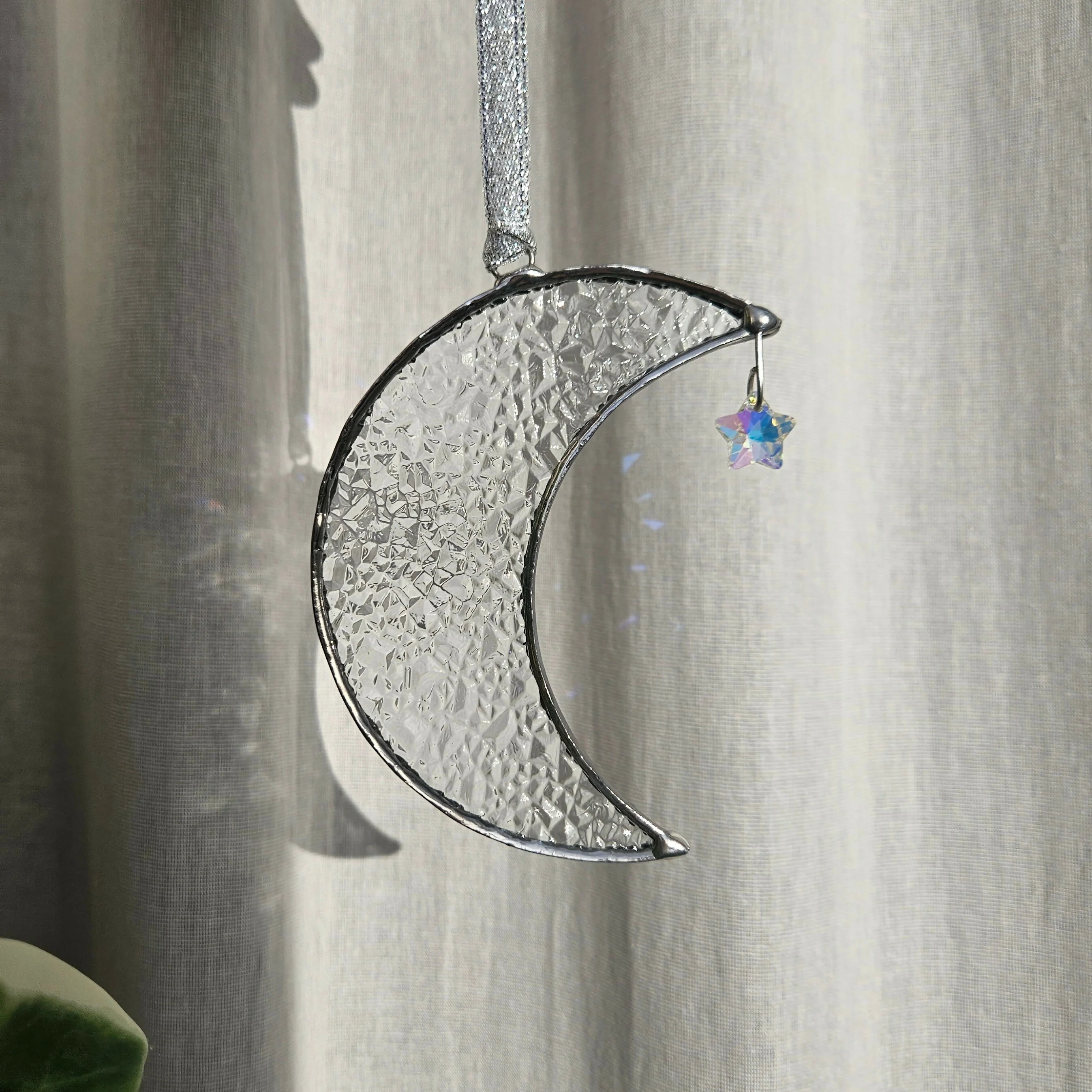 Clear Textured Crescent Moon Stained Glass Suncatcher - Image 3