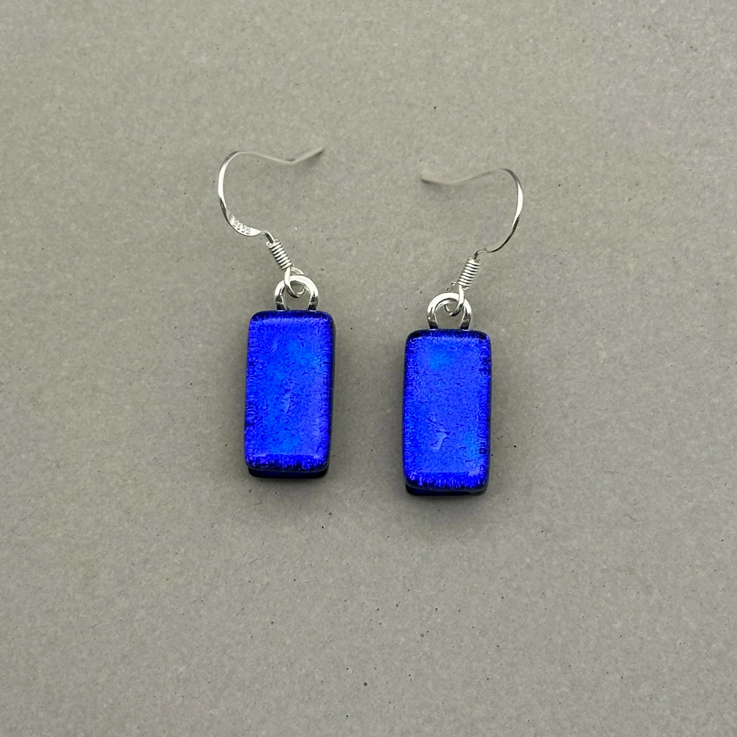 Cobalt Blue Dichroic Fused Glass Dangle Sterling Silver Earrings - Handmade by Jade Tapson Glass.