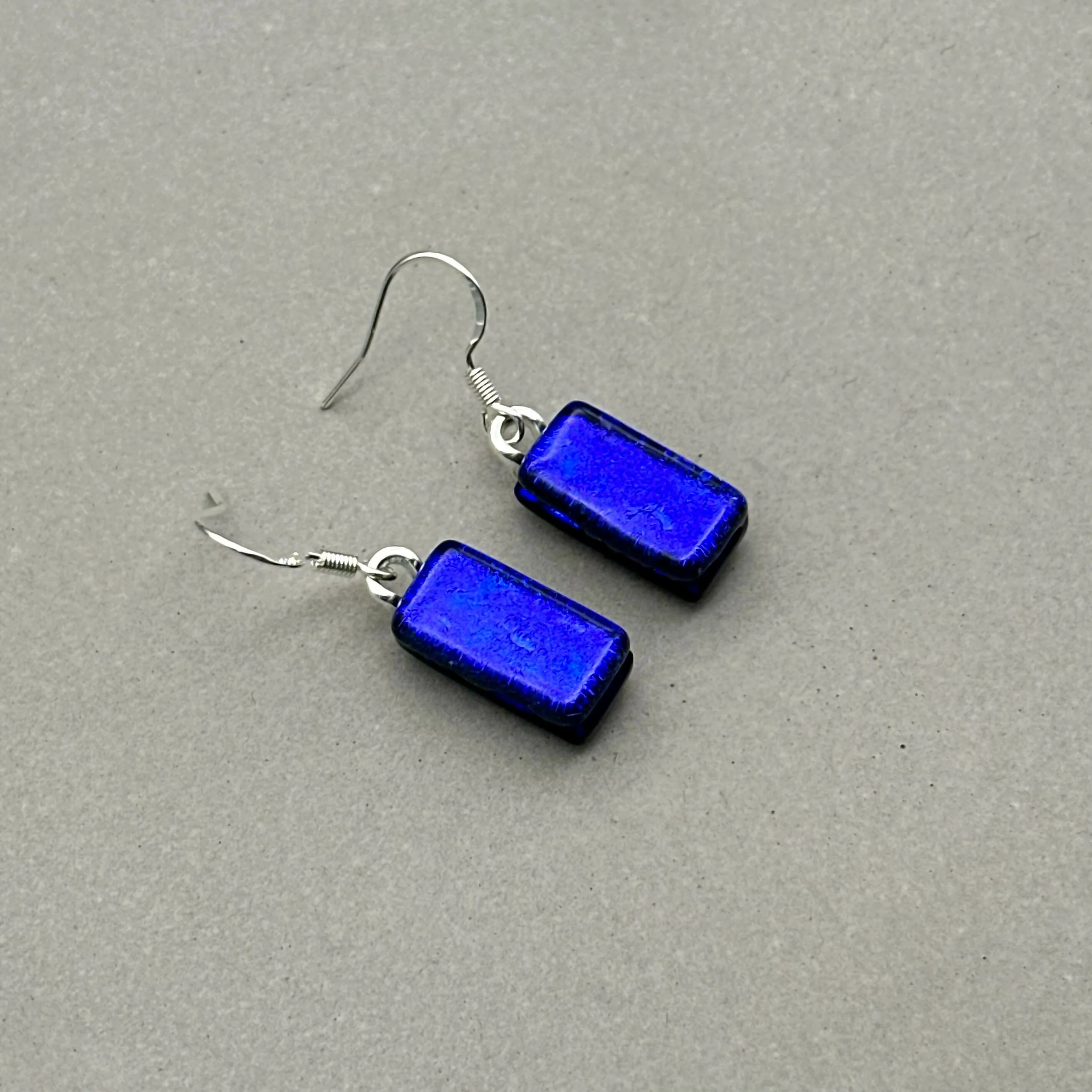 Cobalt Blue Dichroic Fused Glass Dangle Sterling Silver Earrings - Handmade by Jade Tapson Glass. - Image 2