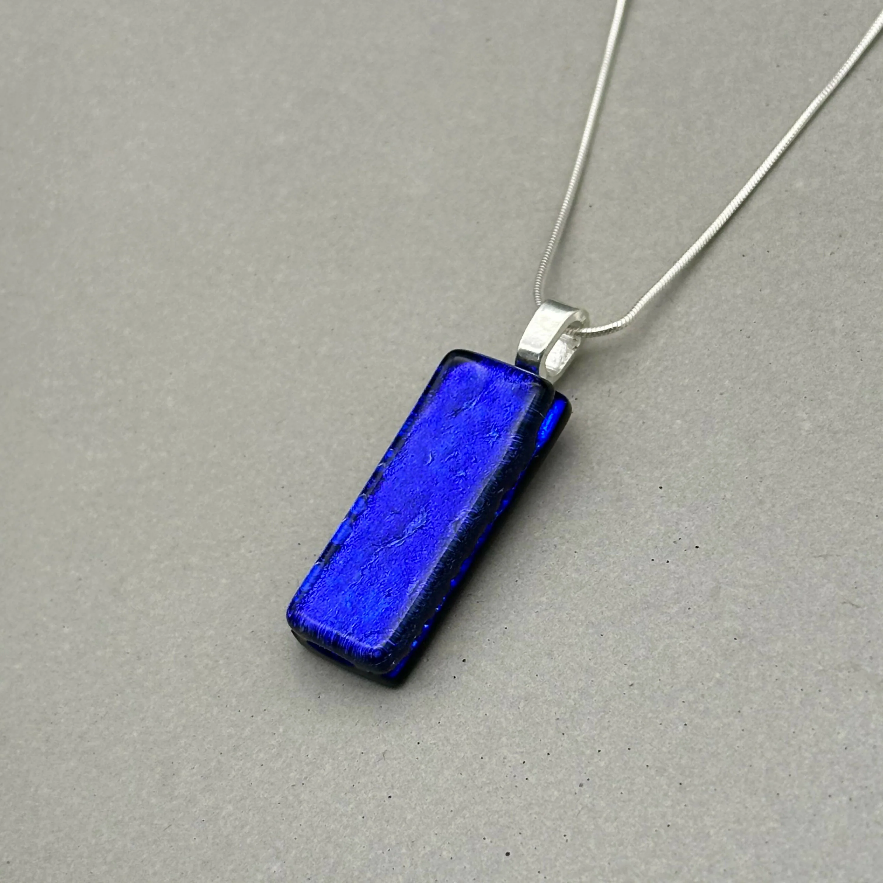 Cobalt Blue Dichroic Fused Glass Pendant with Silver Plated Chain - Handmade by Jade Tapson Glass. - Image 2