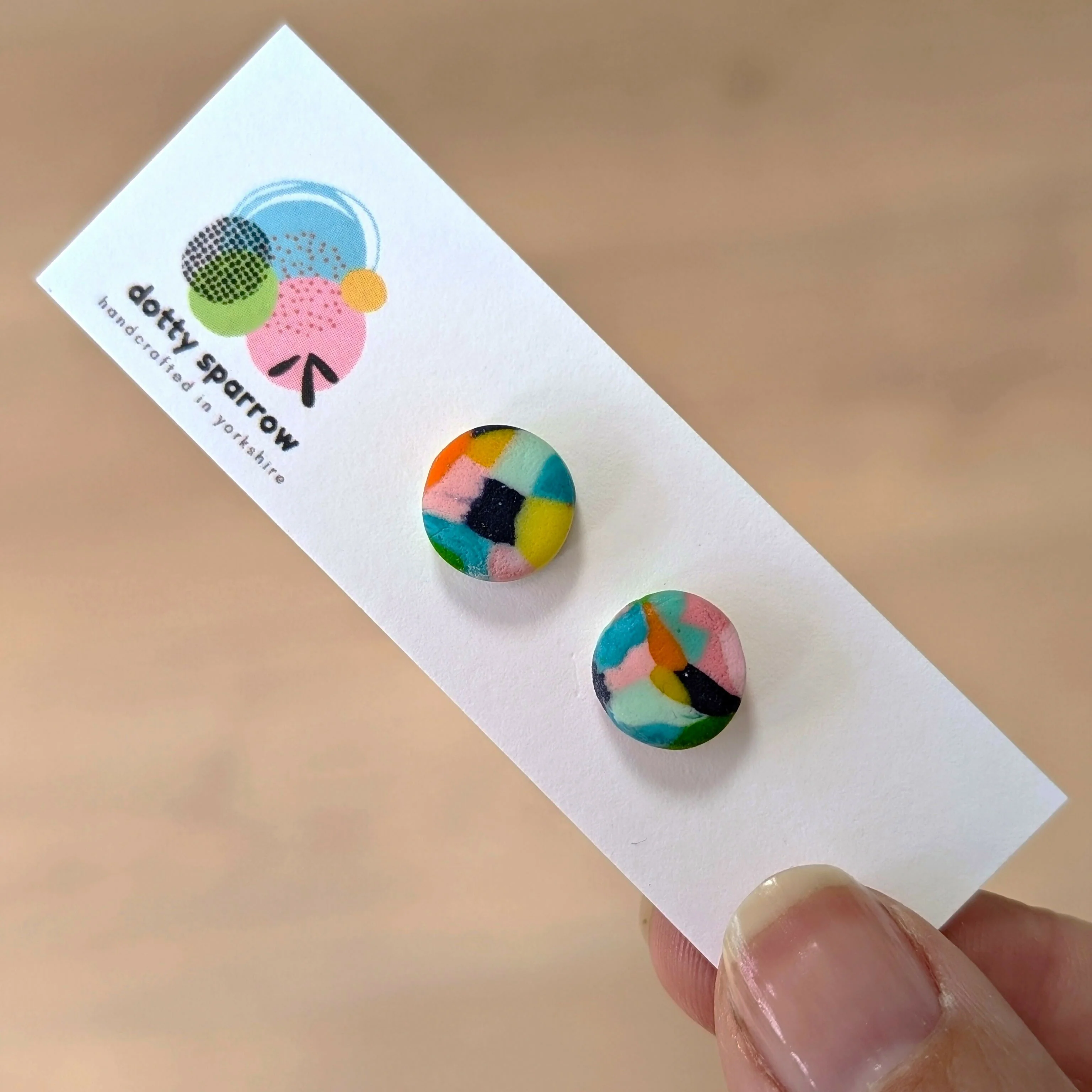 Colourful Mosaic Pattern Handmade Polymer Clay Stud Earrings - Image 3