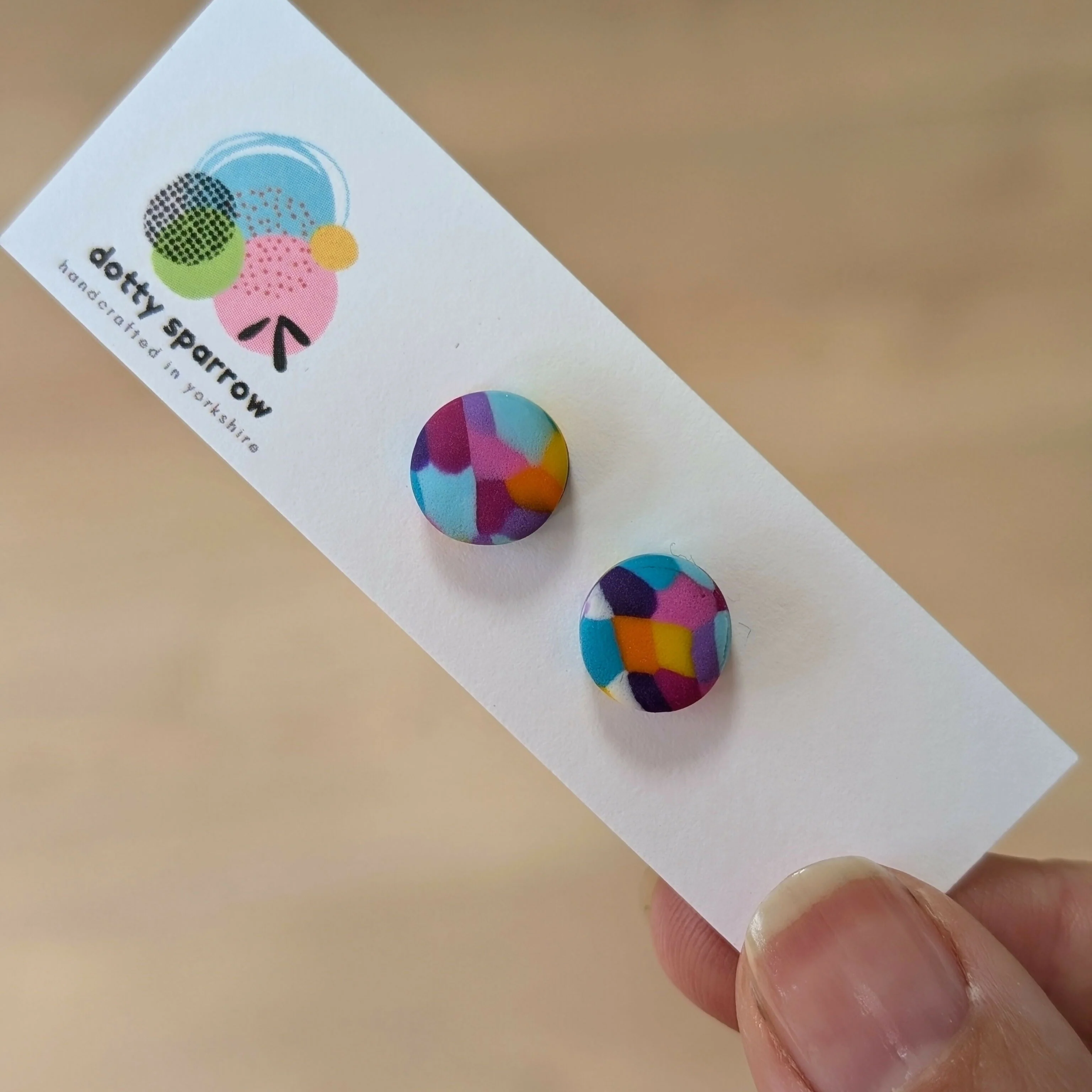 Colourful Mosaic Pattern Handmade Polymer Clay Stud Earrings - Image 4
