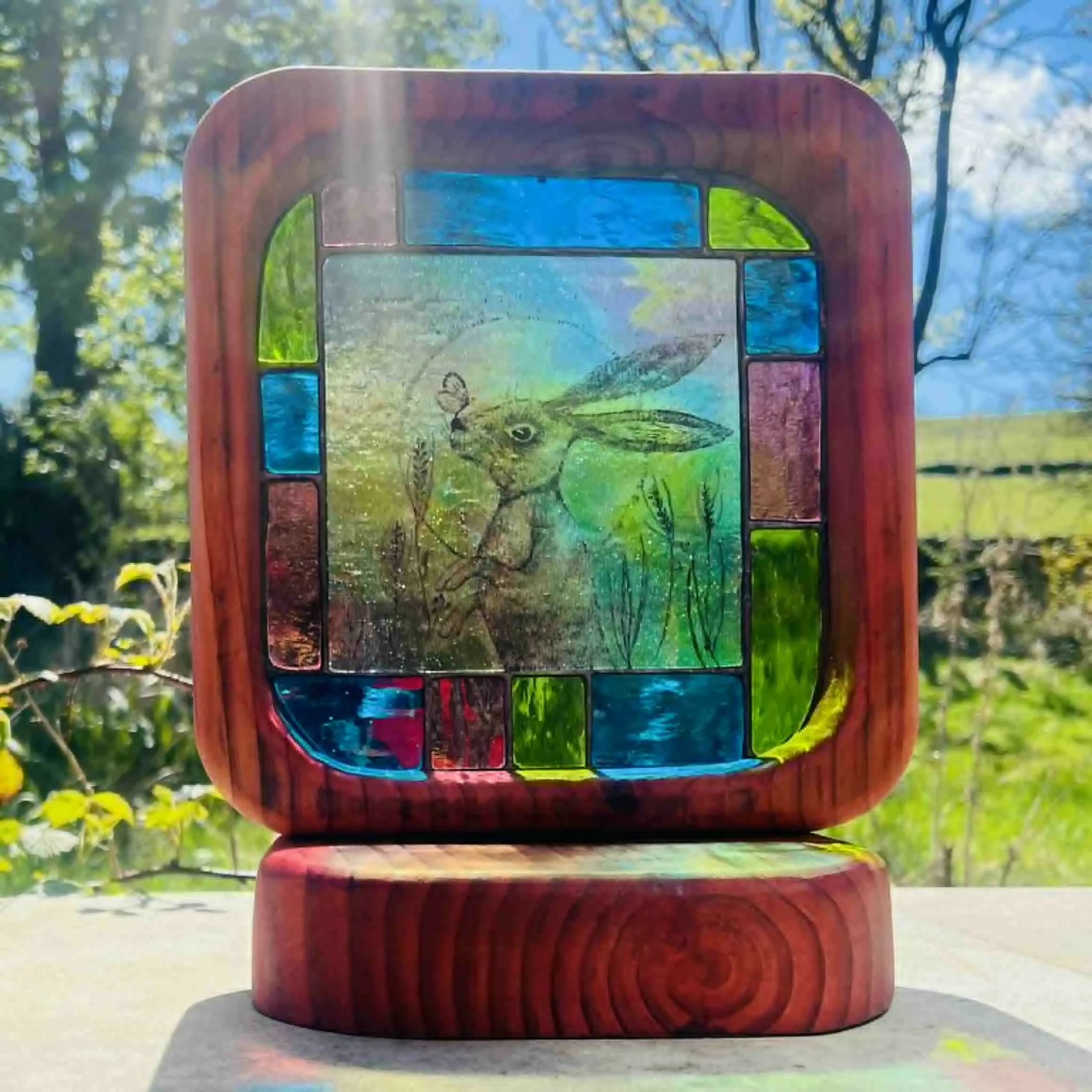 Colourful Stained Glass Hare in Wood Ornament - Image 2