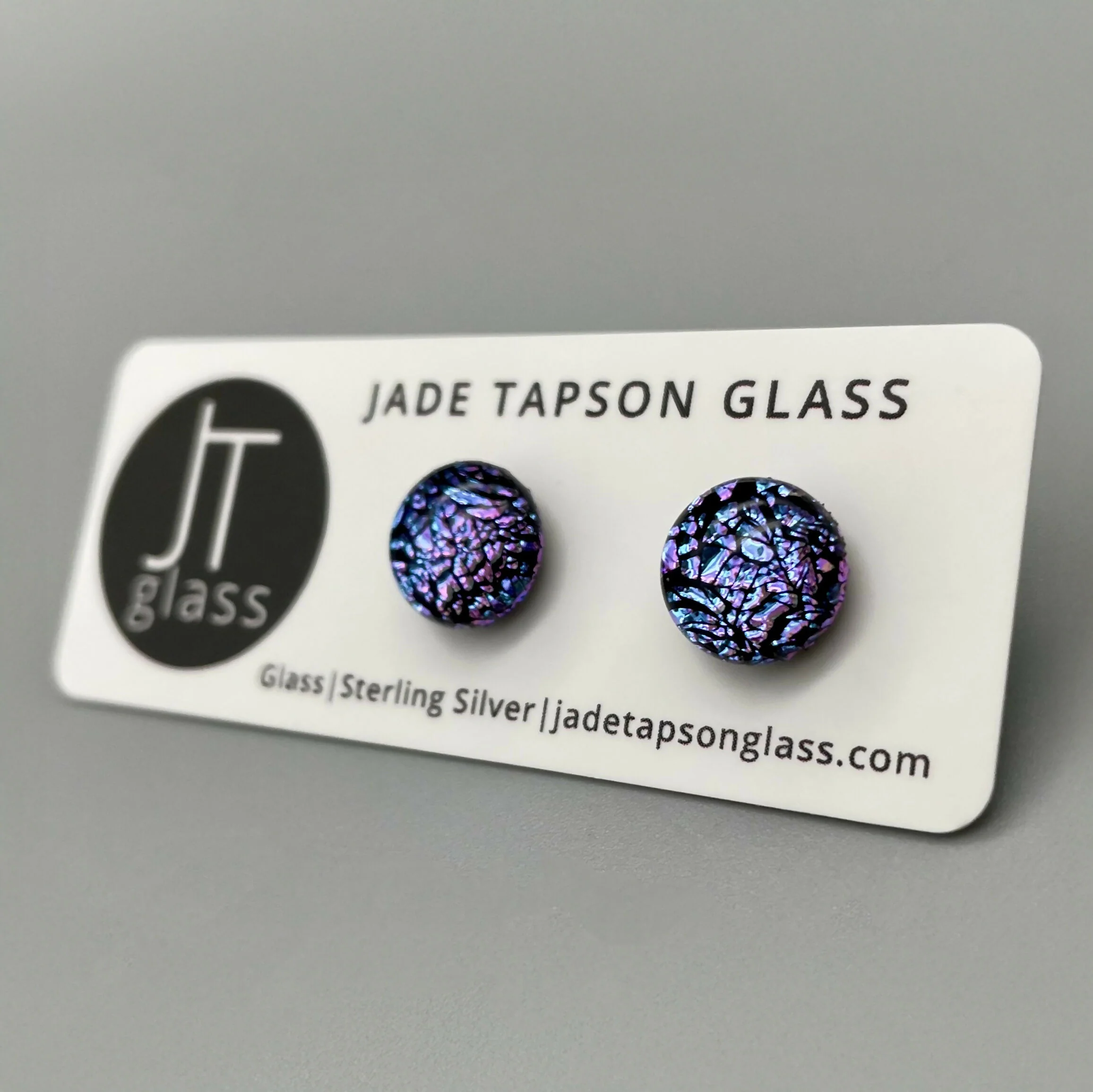 Crackle Dichroic Fused Glass Sterling Silver Stud Earrings - Handmade by Jade Tapson Glass. - Image 3