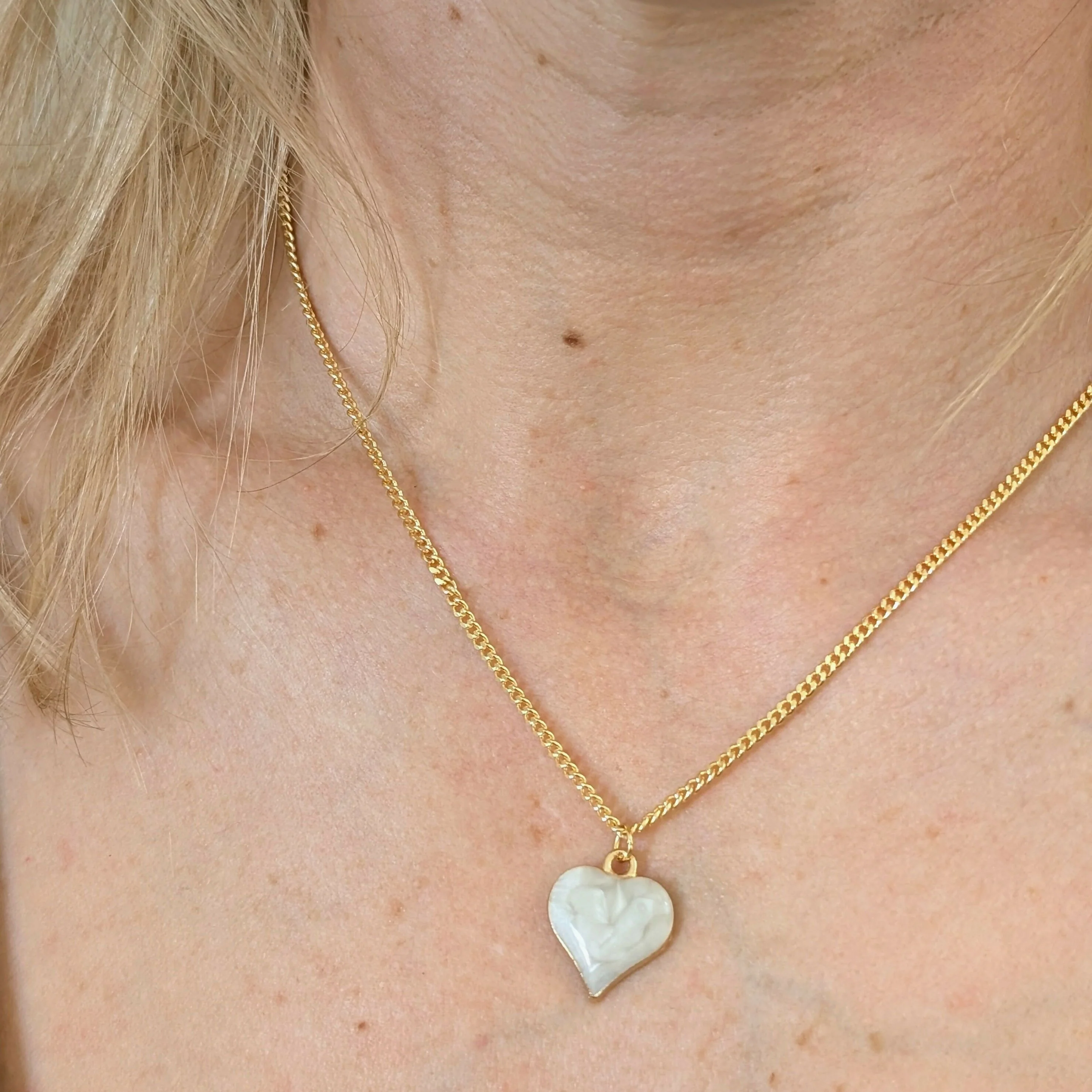 Cream Marbled Enamel Gold Heart Charm Necklace on a Gold Plated Chain