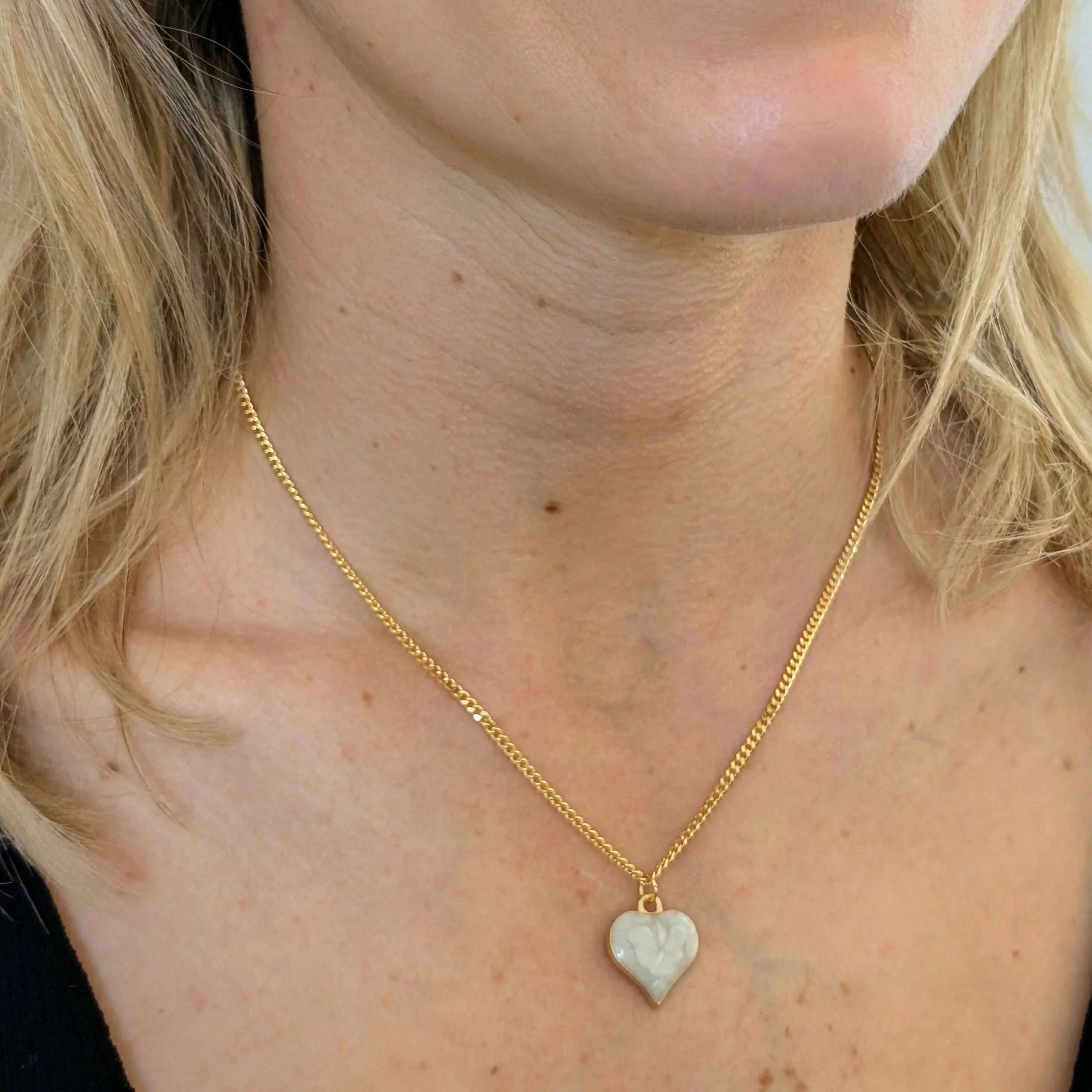 Cream Marbled Enamel Gold Heart Charm Necklace on a Gold Plated Chain - Image 2