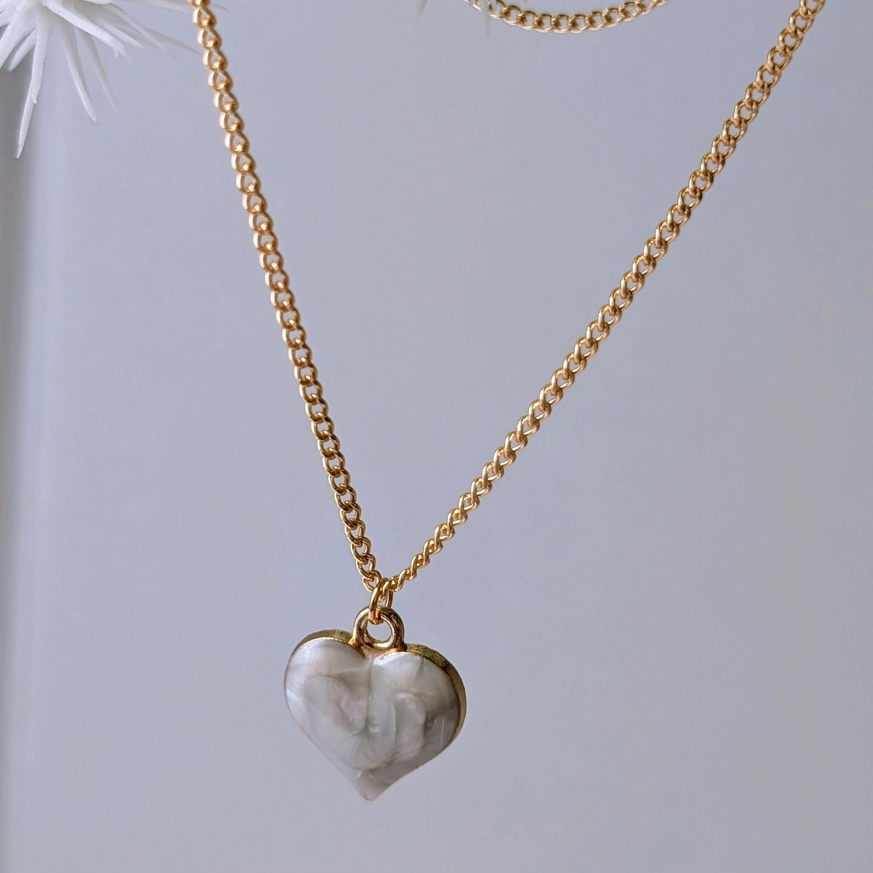 Cream Marbled Enamel Gold Heart Charm Necklace on a Gold Plated Chain - Image 3