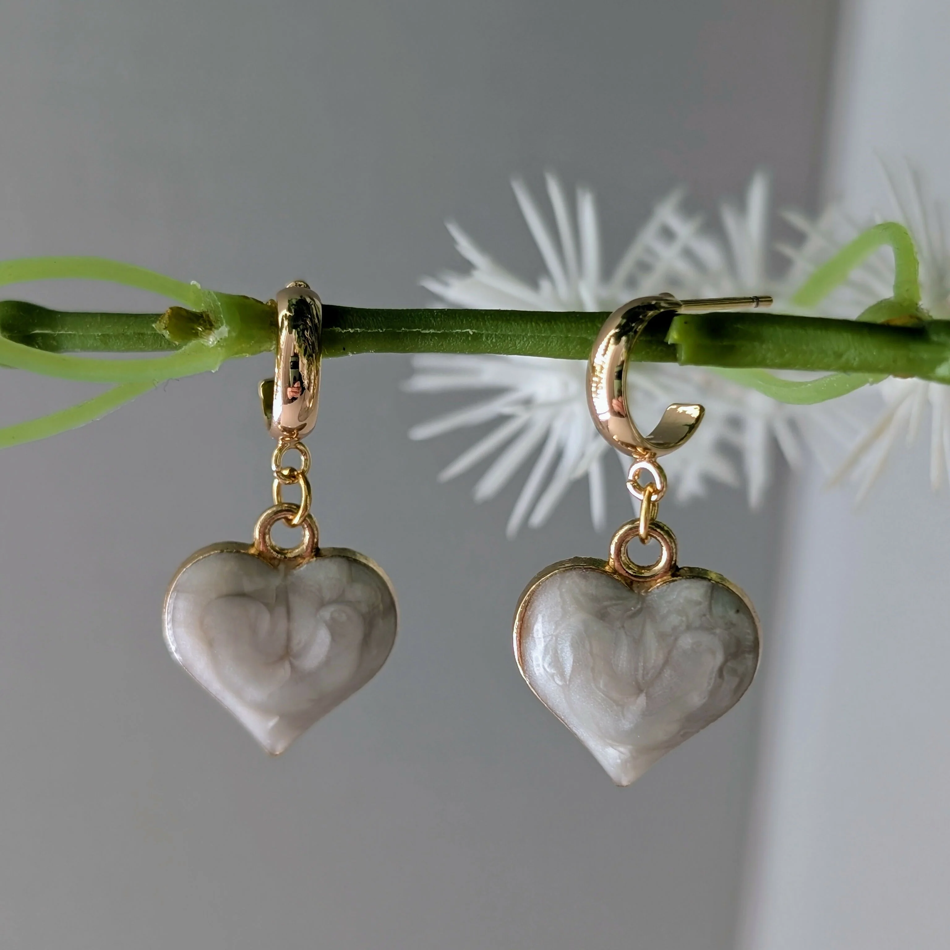 Cream Marbled Enamel Gold Heart Earrings on a Gold Plated Half Loop Huggie Stud - Image 3
