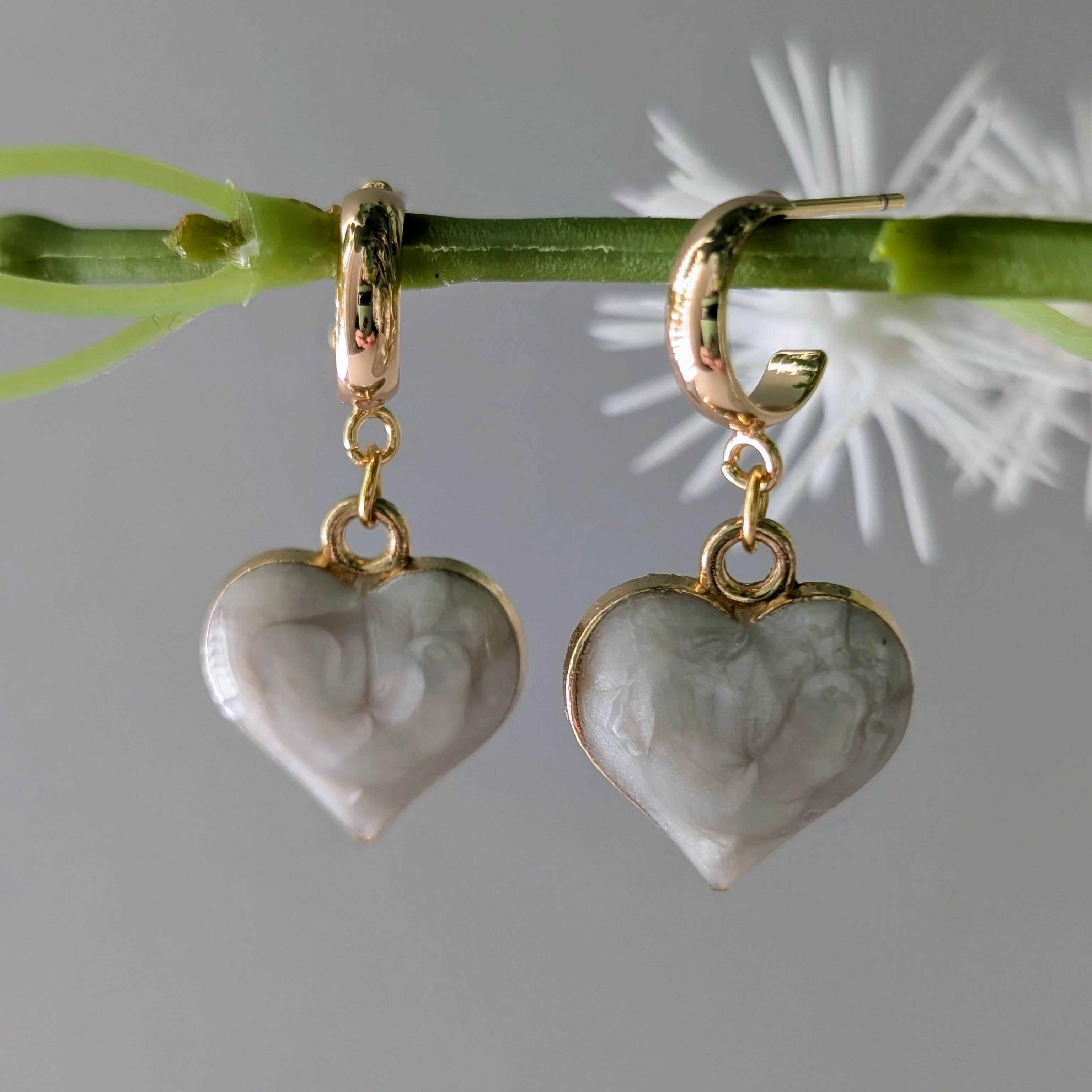Cream Marbled Enamel Gold Heart Earrings on a Gold Plated Half Loop Huggie Stud - Image 4