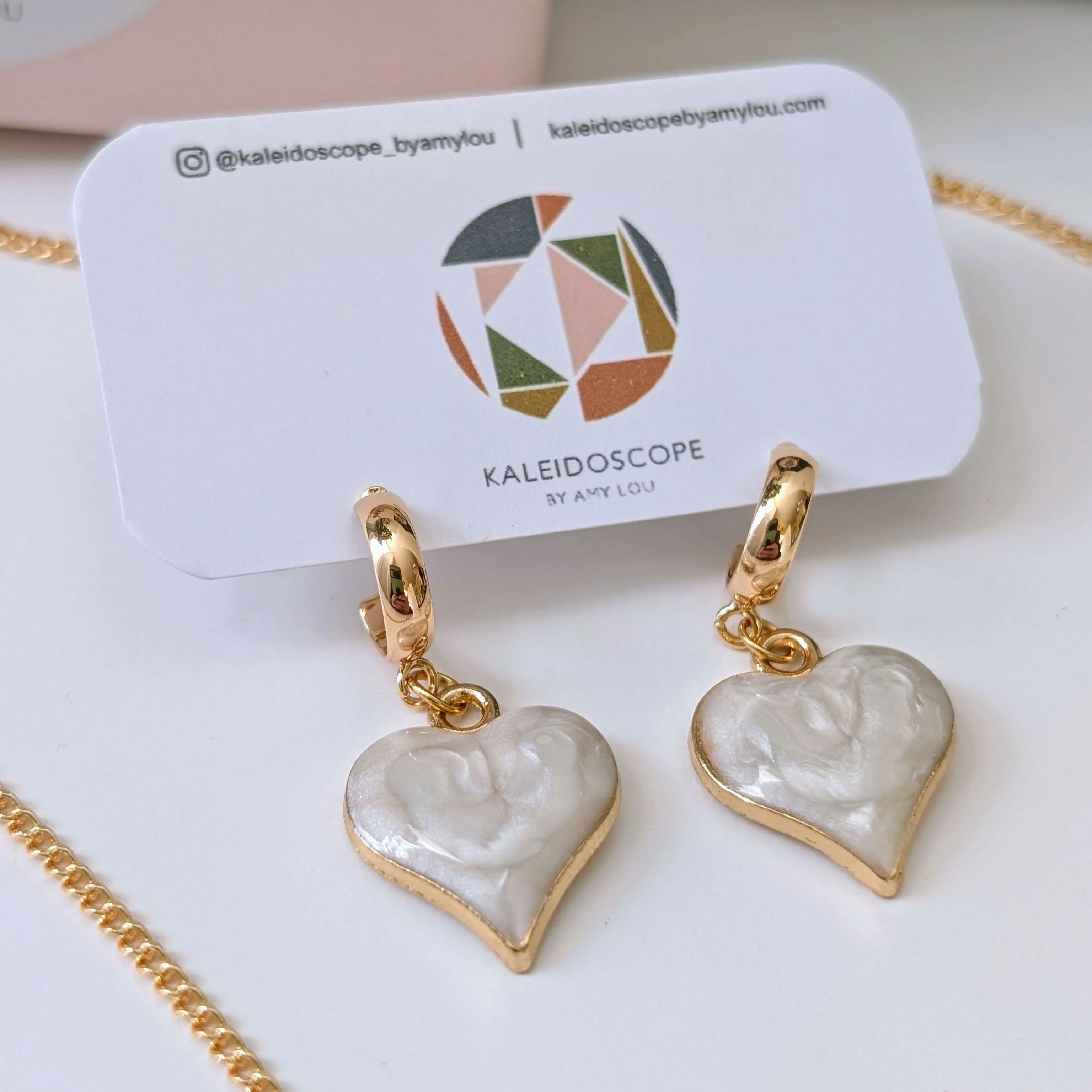 Cream Marbled Enamel Gold Heart Earrings on a Gold Plated Half Loop Huggie Stud - Image 5