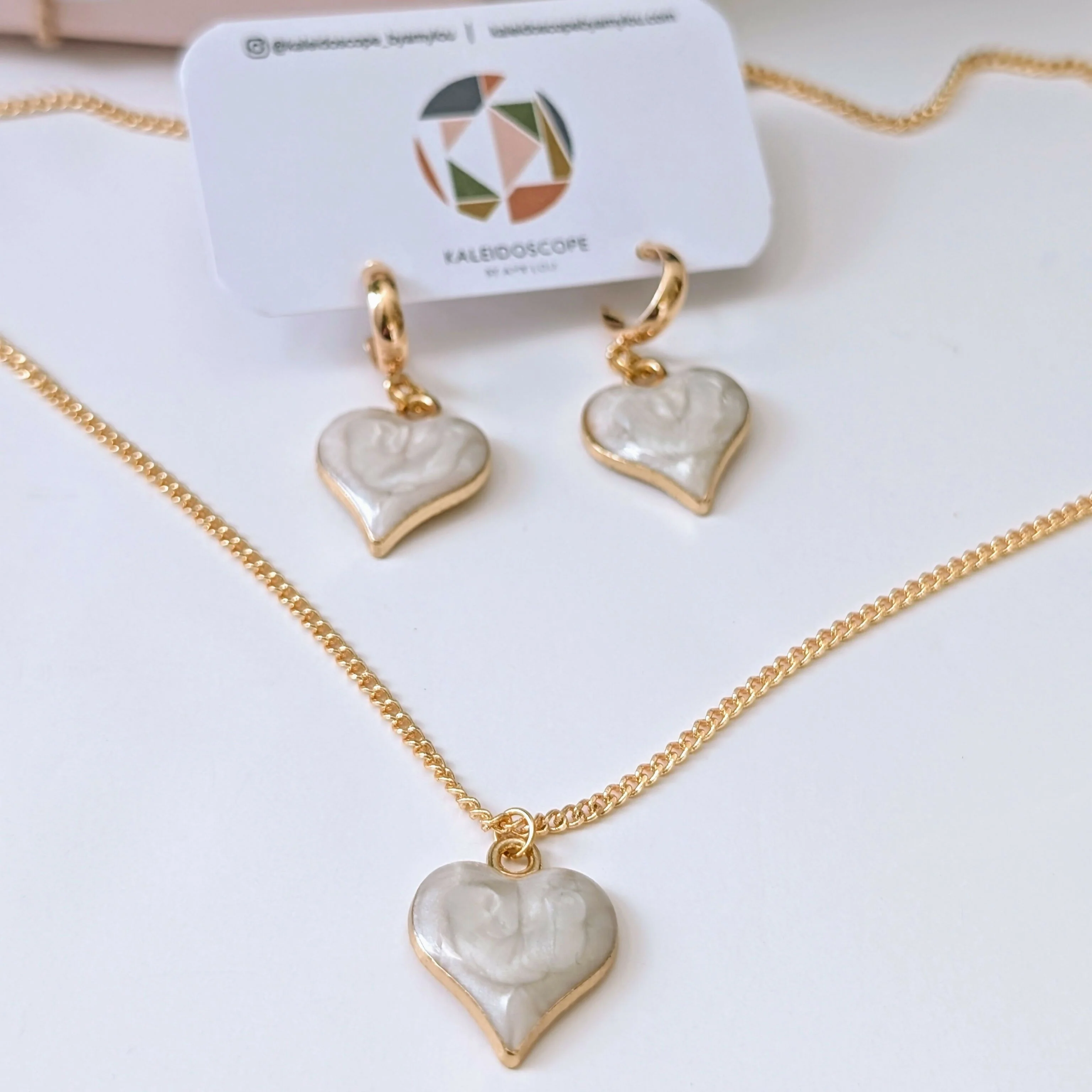 Cream Marbled Enamel Gold Heart Earrings on a Gold Plated Half Loop Huggie Stud - Image 6