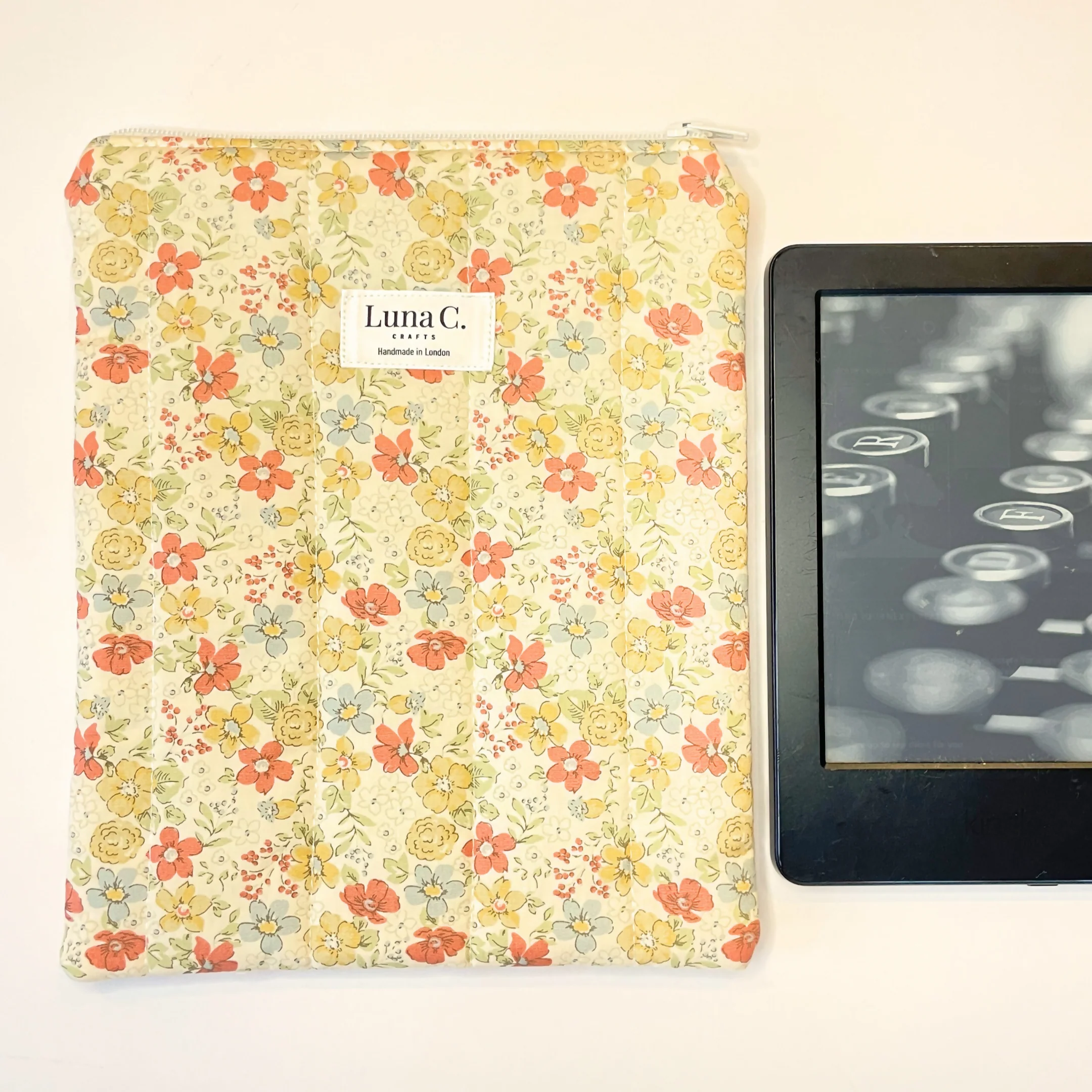Creamy Yellow Orange Floral Blue Gingham Lining Book or Kindle Sleeve