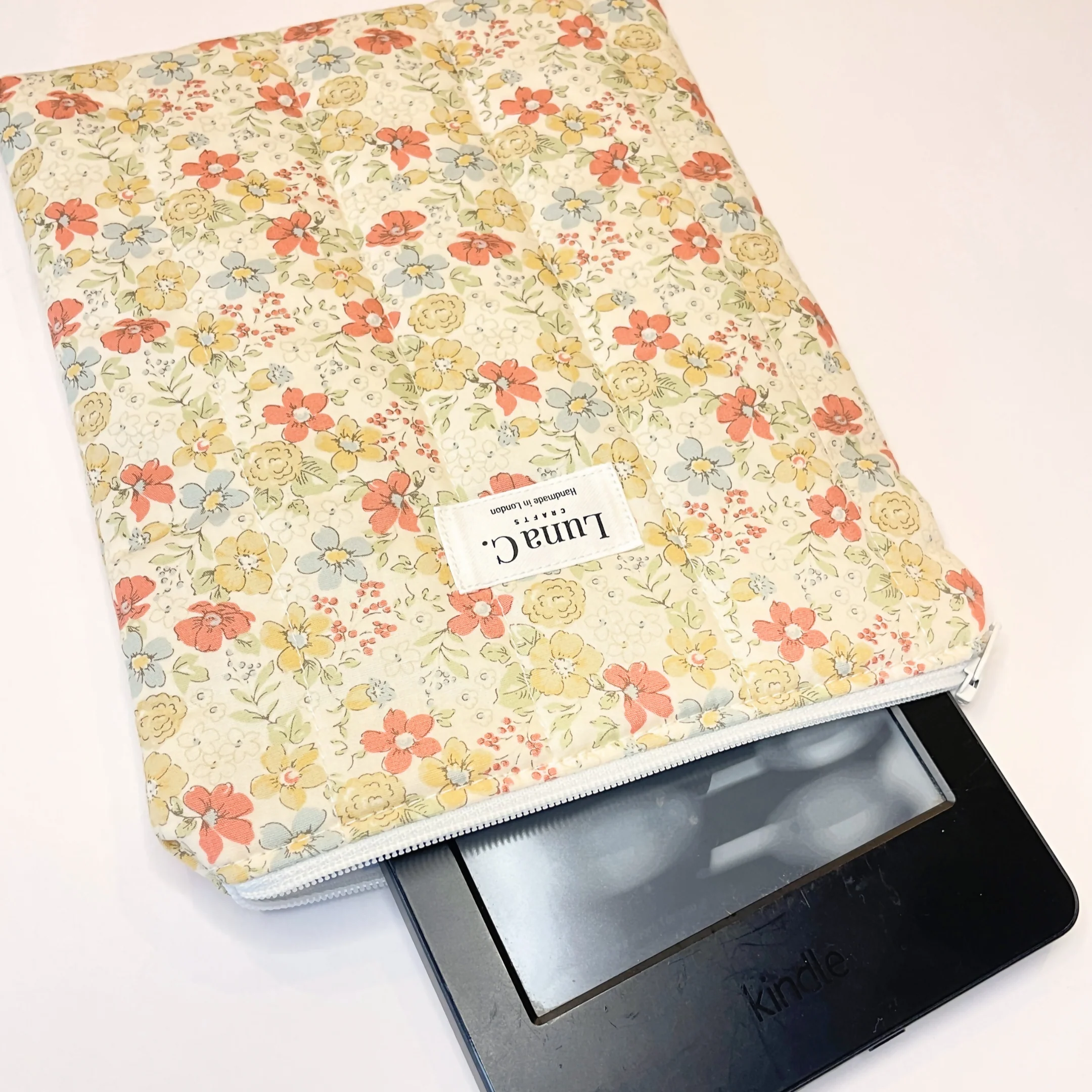 Creamy Yellow Orange Floral Blue Gingham Lining Book or Kindle Sleeve - Image 3