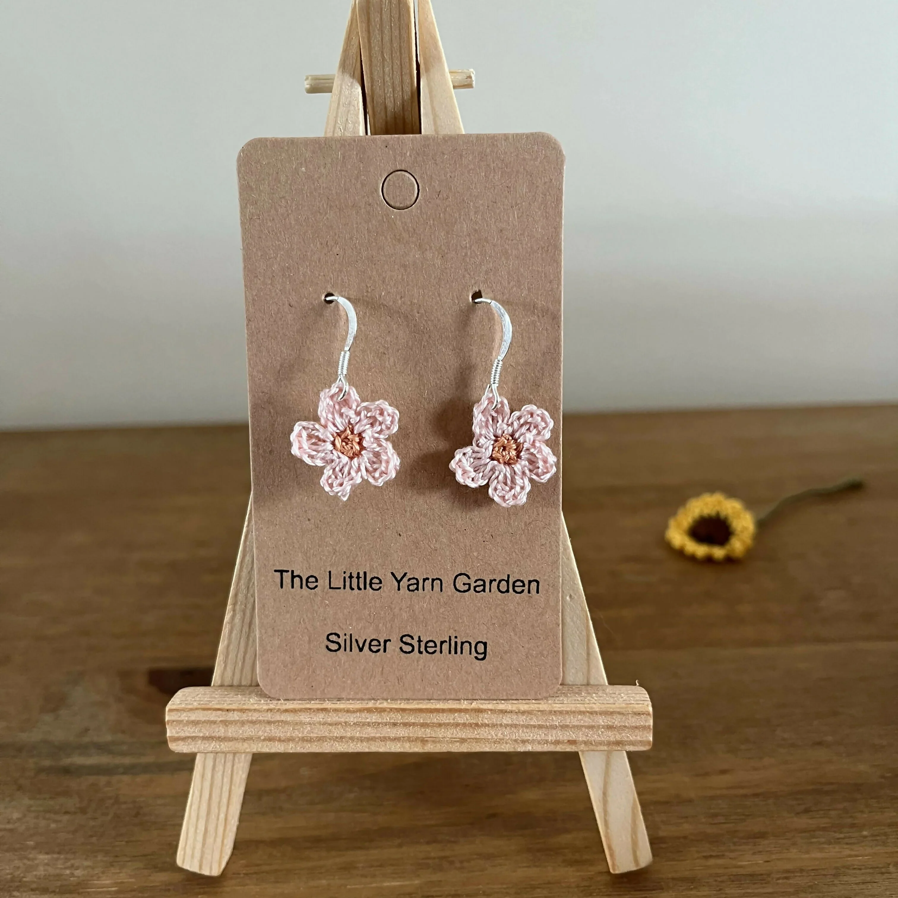Tiny Crochet Pink Flower Earrings - Image 2