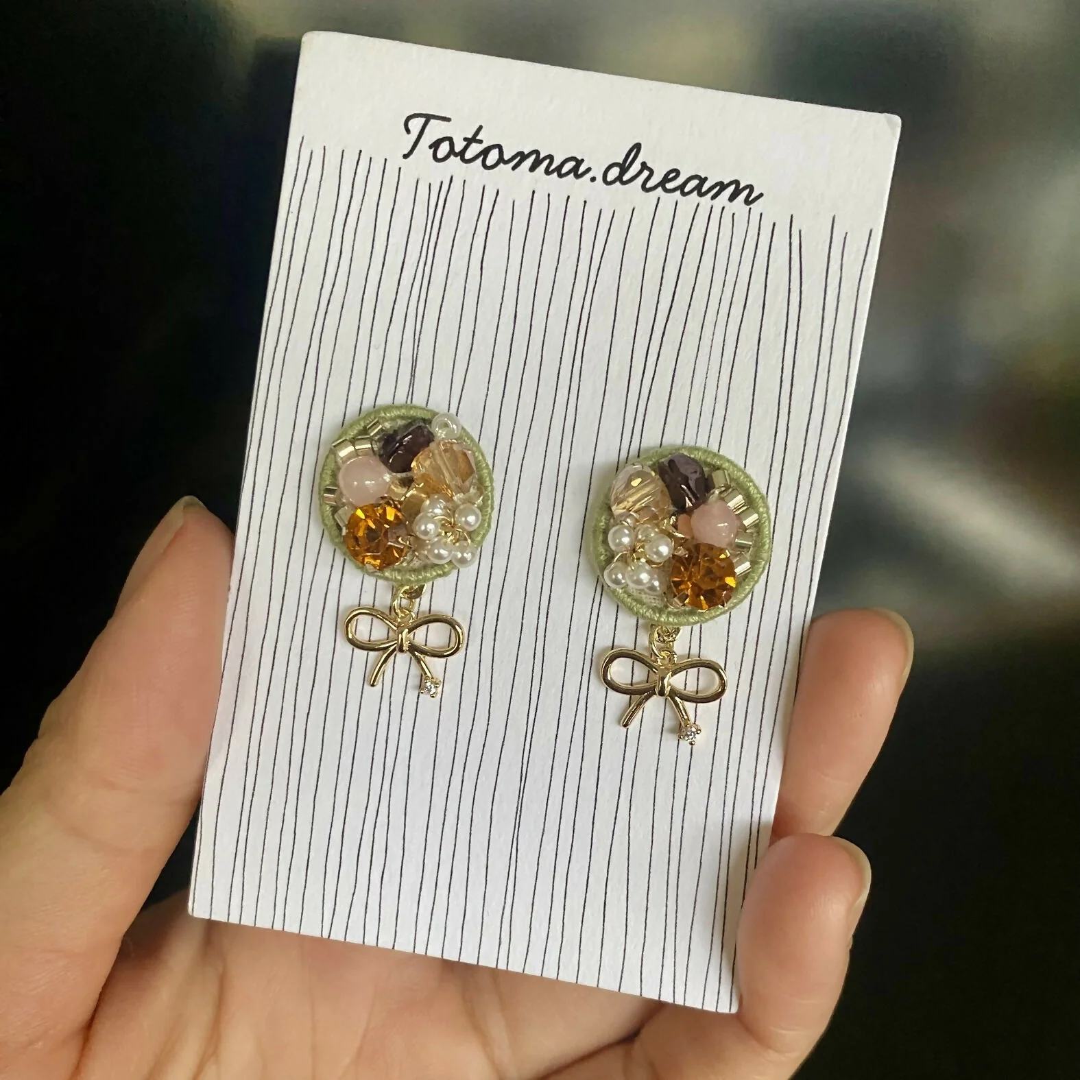 Crystal Embroidery Earrings with Ribbon Charm - Image 2