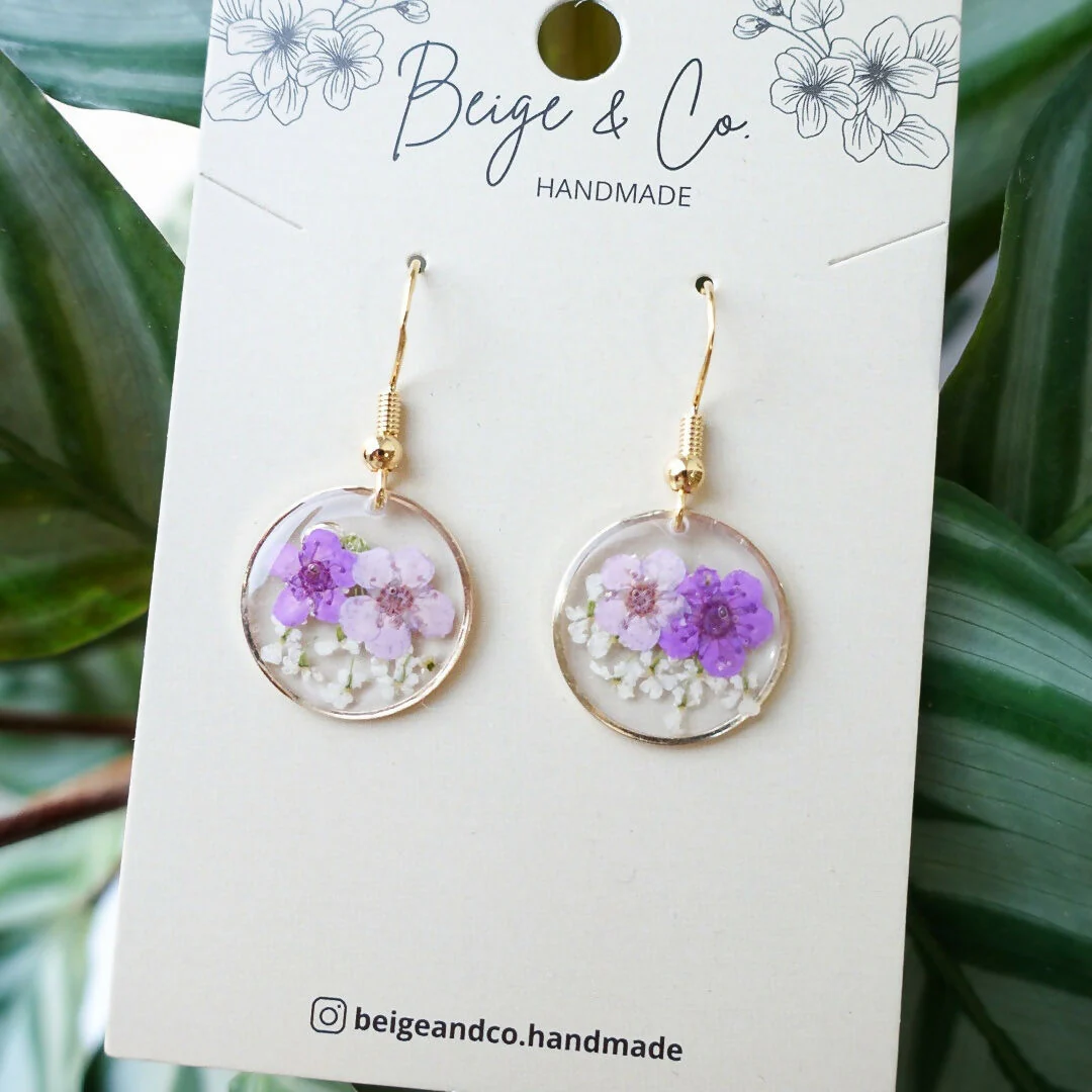 Real Flower Earrings In Purple