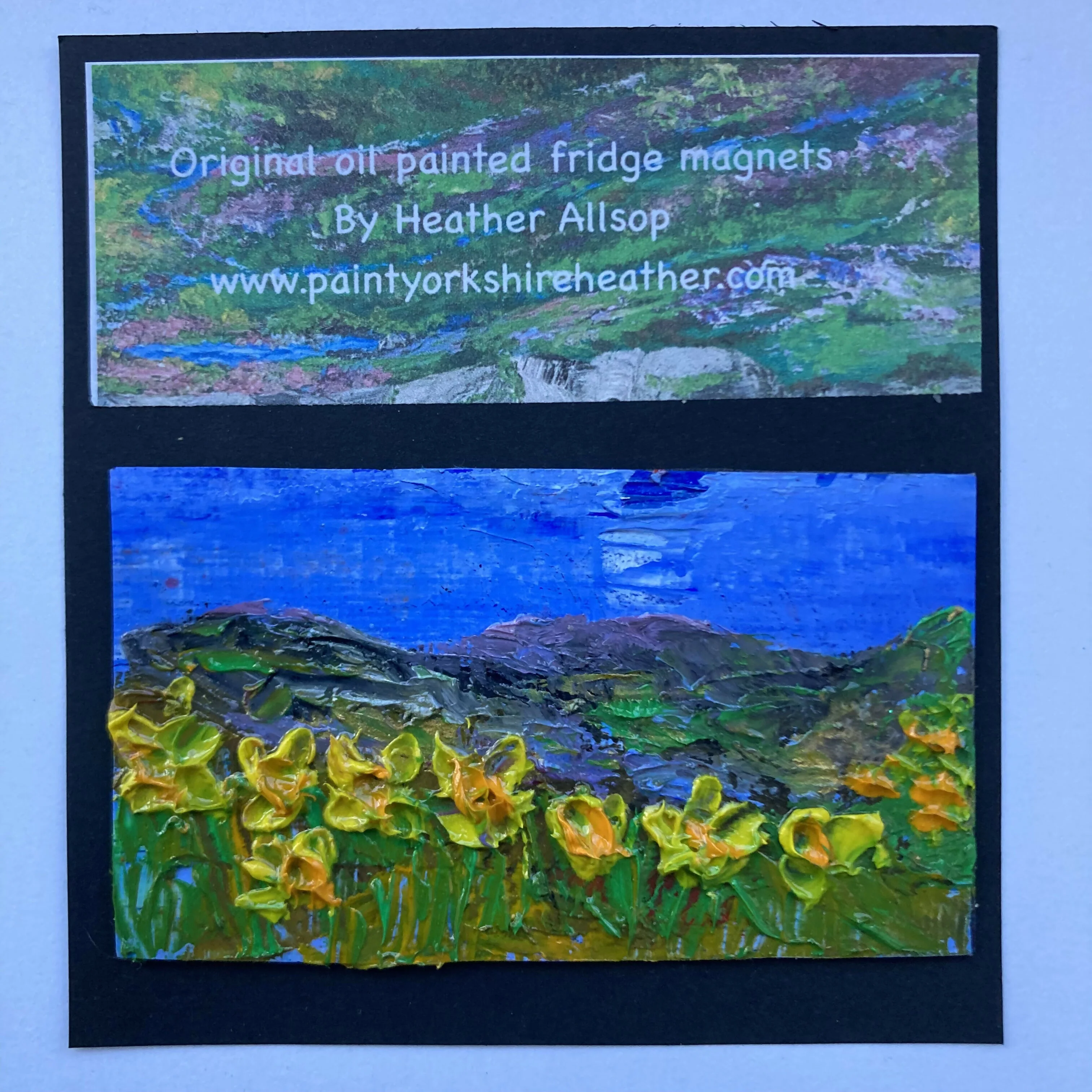 Daffodils by stone wall Mini Oil Painting Canvas Fridge Magnet - Image 2