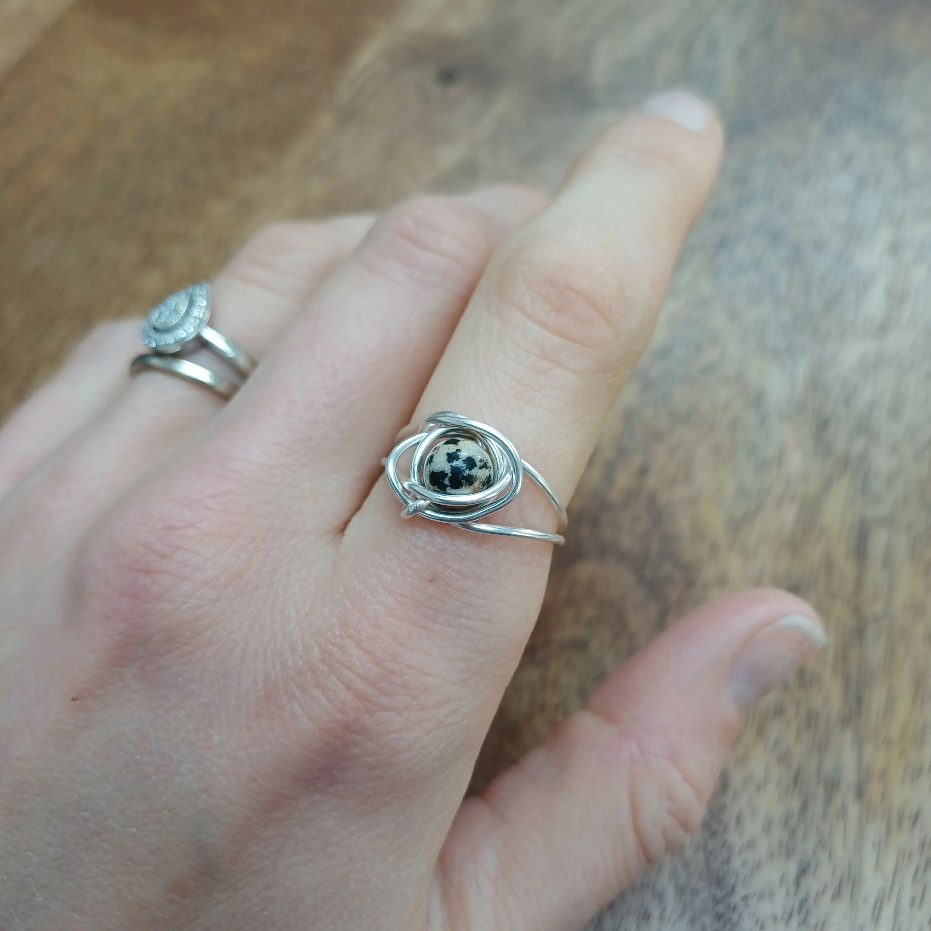 Dalmatian Jasper Wire Wrapped Adjustable Ring