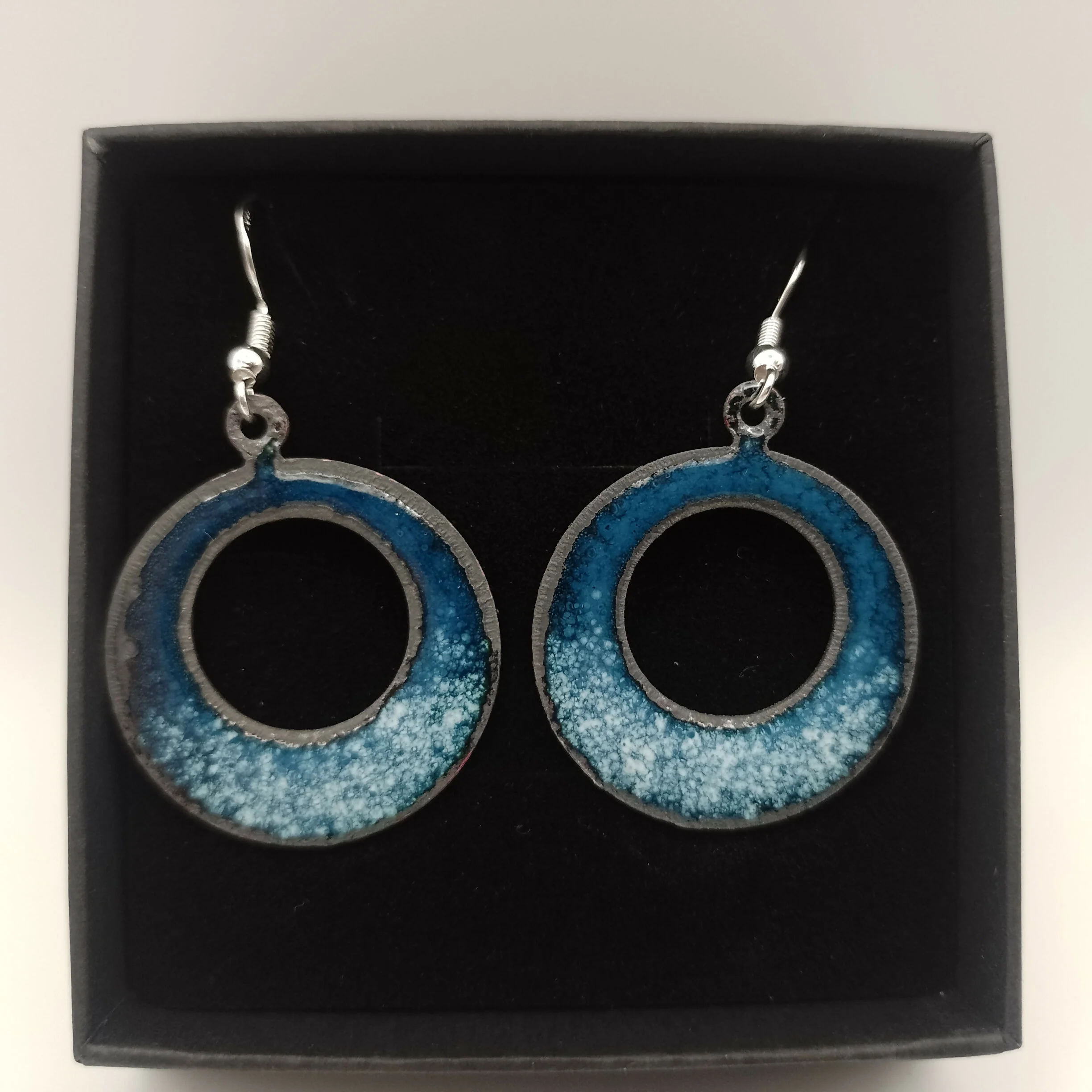 Dark Blue and White Enamel Hoop Earrings
