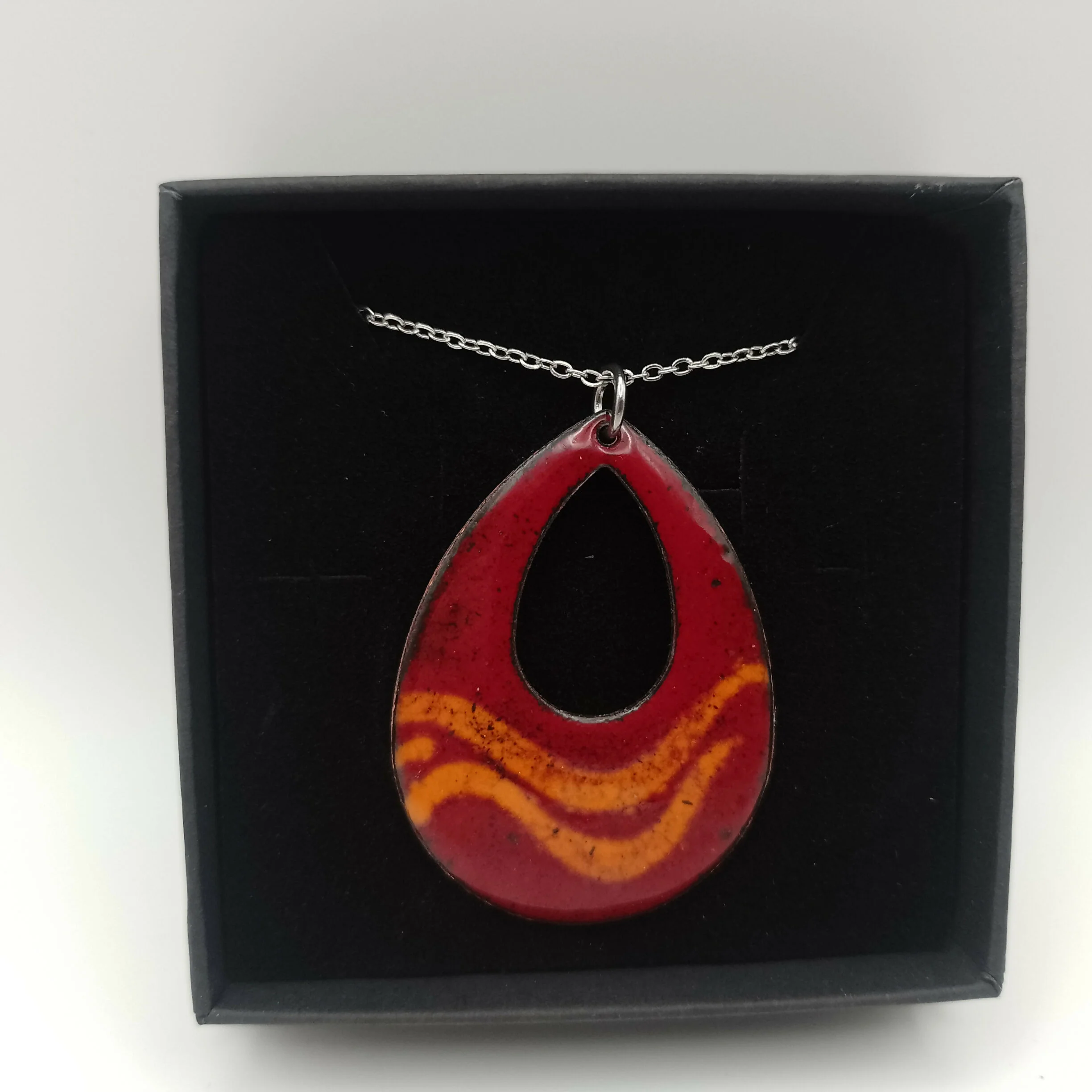 Dark Red with Tangerine Swirl Enamel Pendant