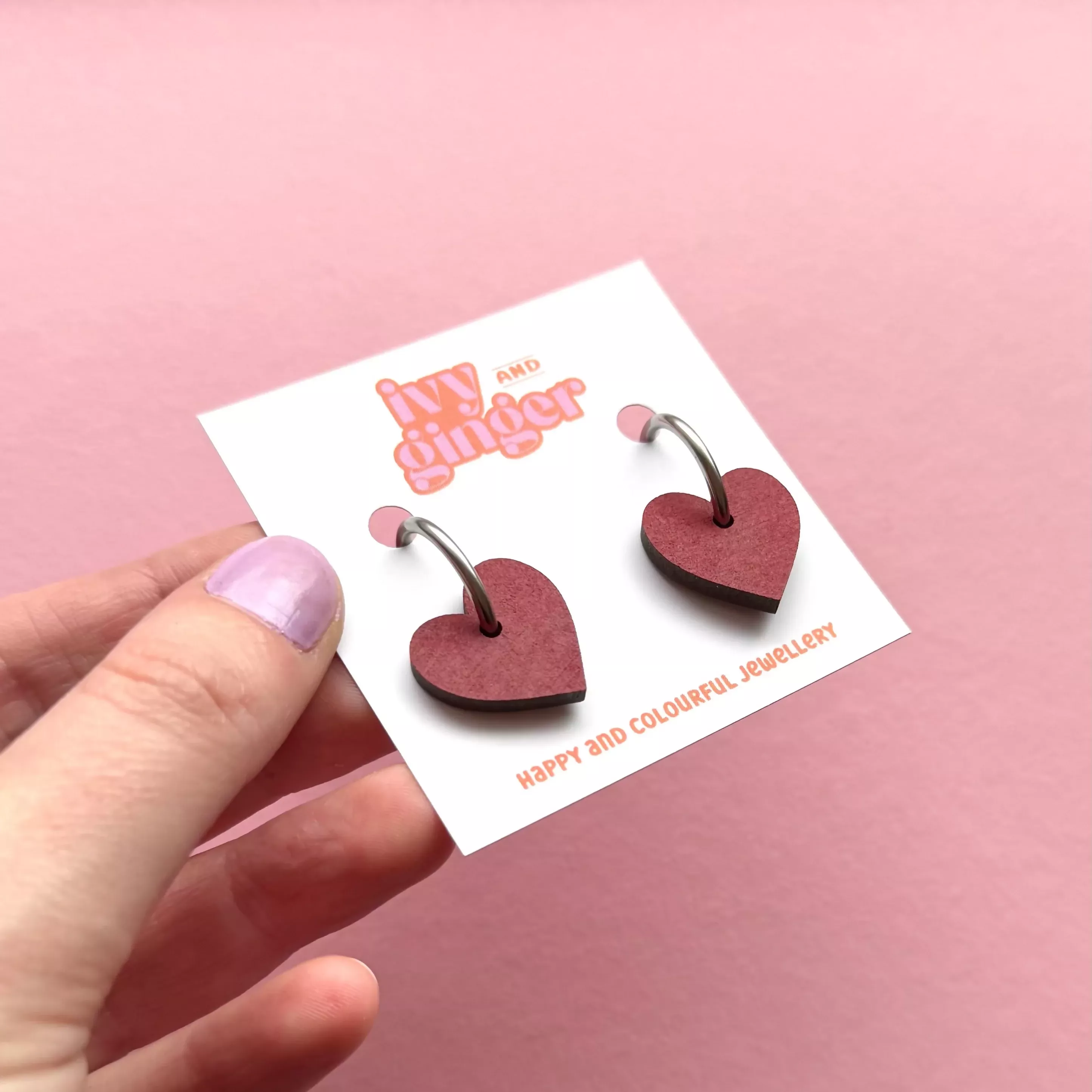Hand Painted Deep Red Heart Shaped Hoop Earrings - Image 2