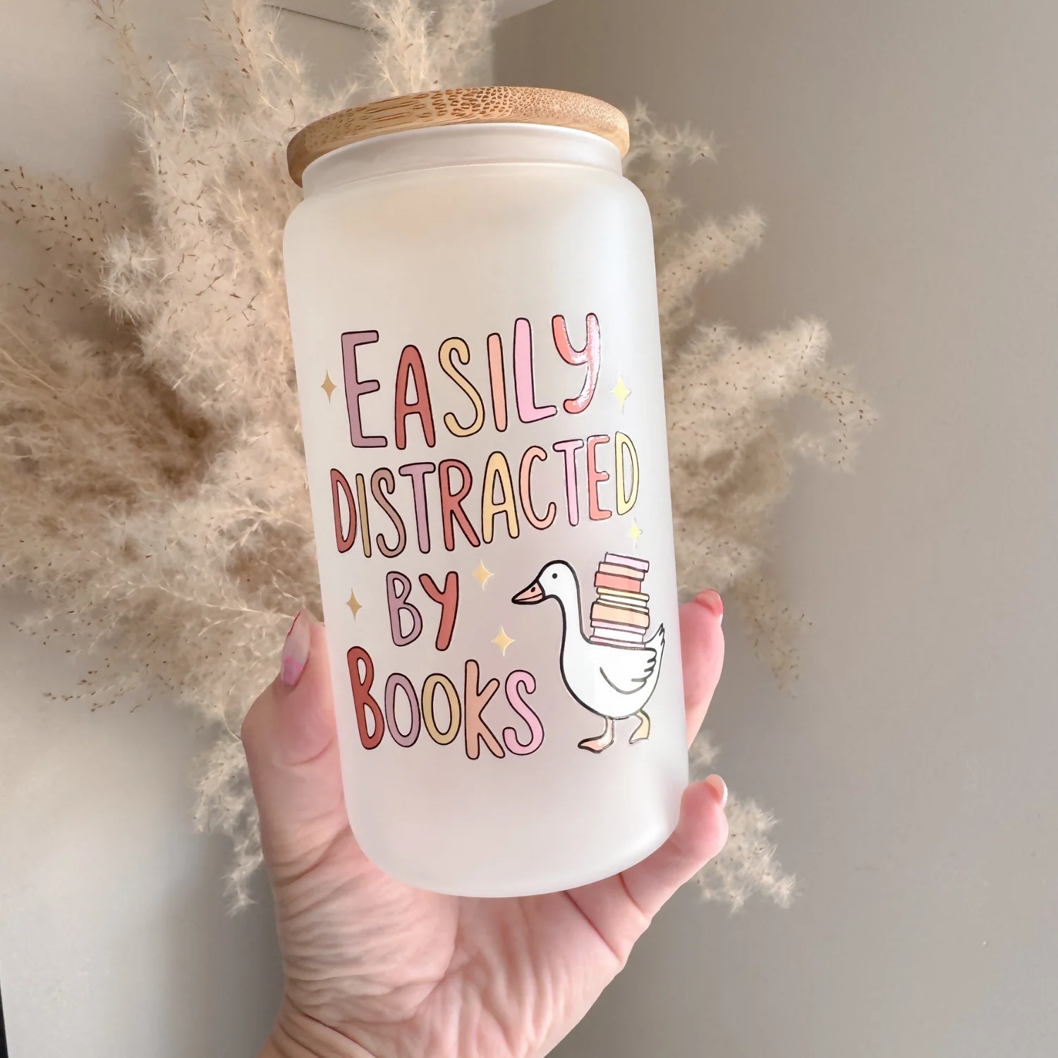 Easily Distracted By Books 16oz Glass Can With Bamboo Lid