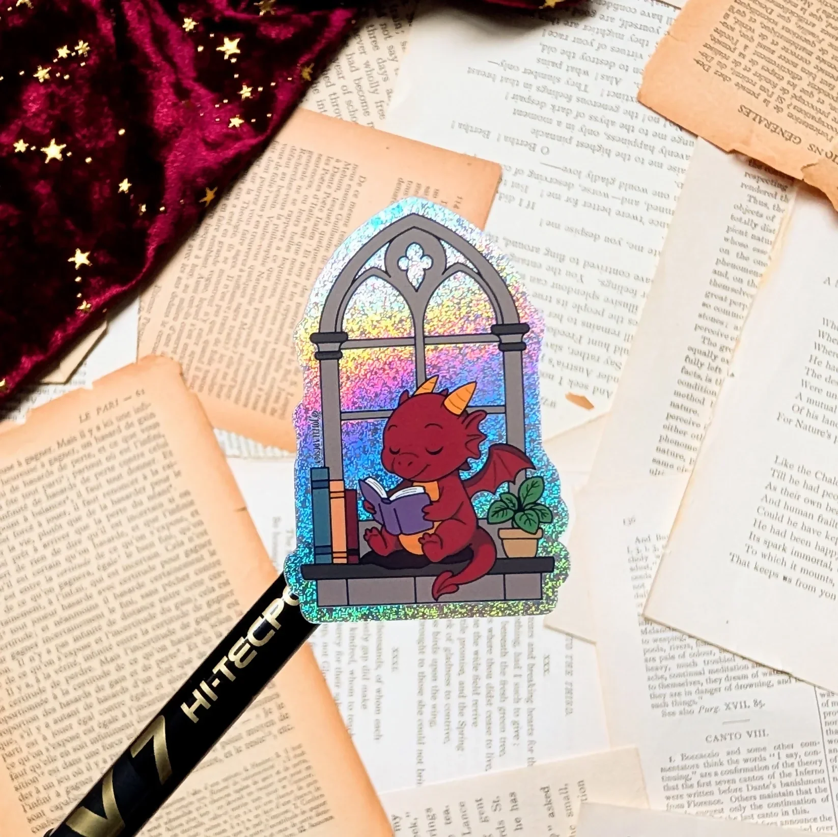 Ember the Bookish Dragon Glitter Sticker