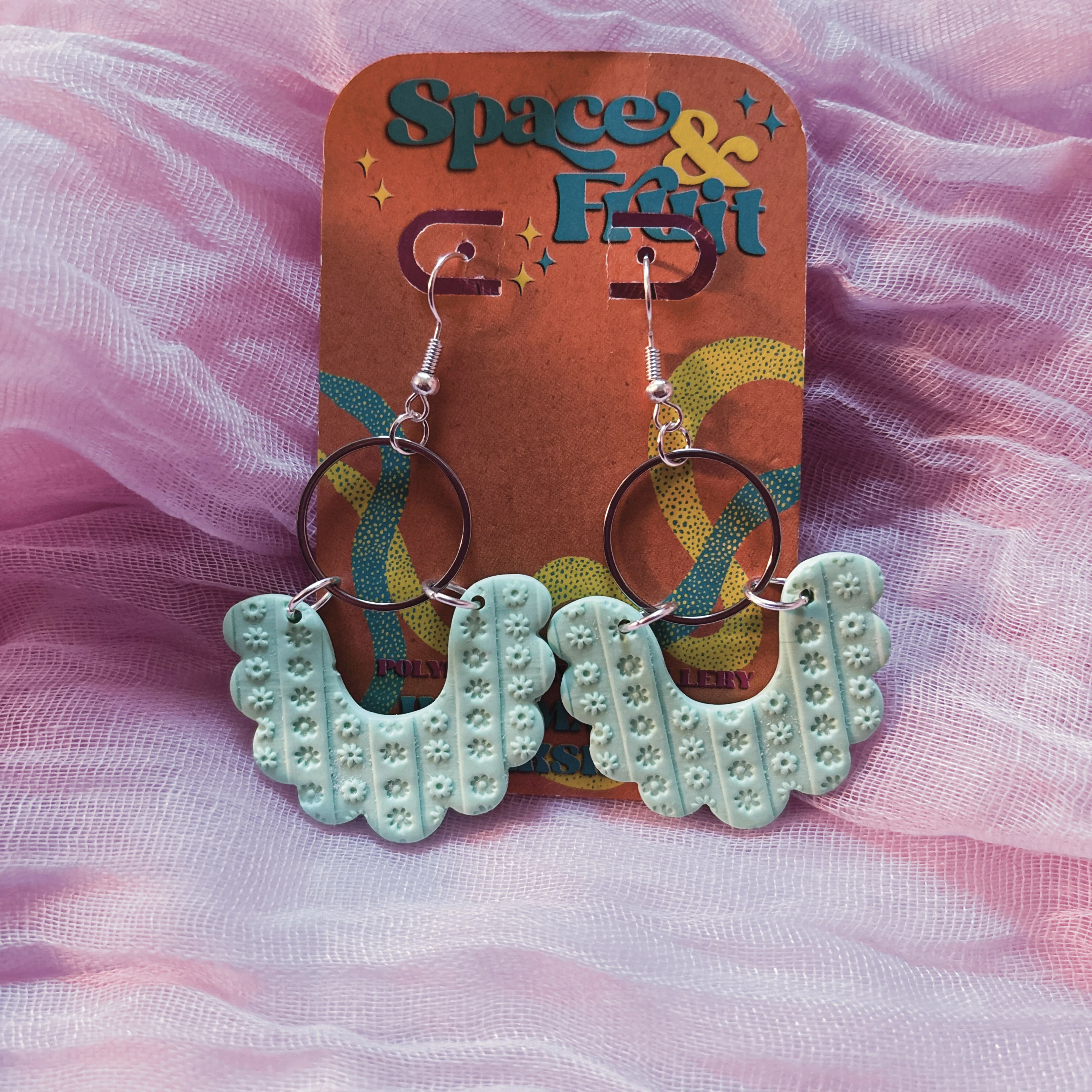 Embossed Floral Drop Polymer Clay Earrings - Image 2